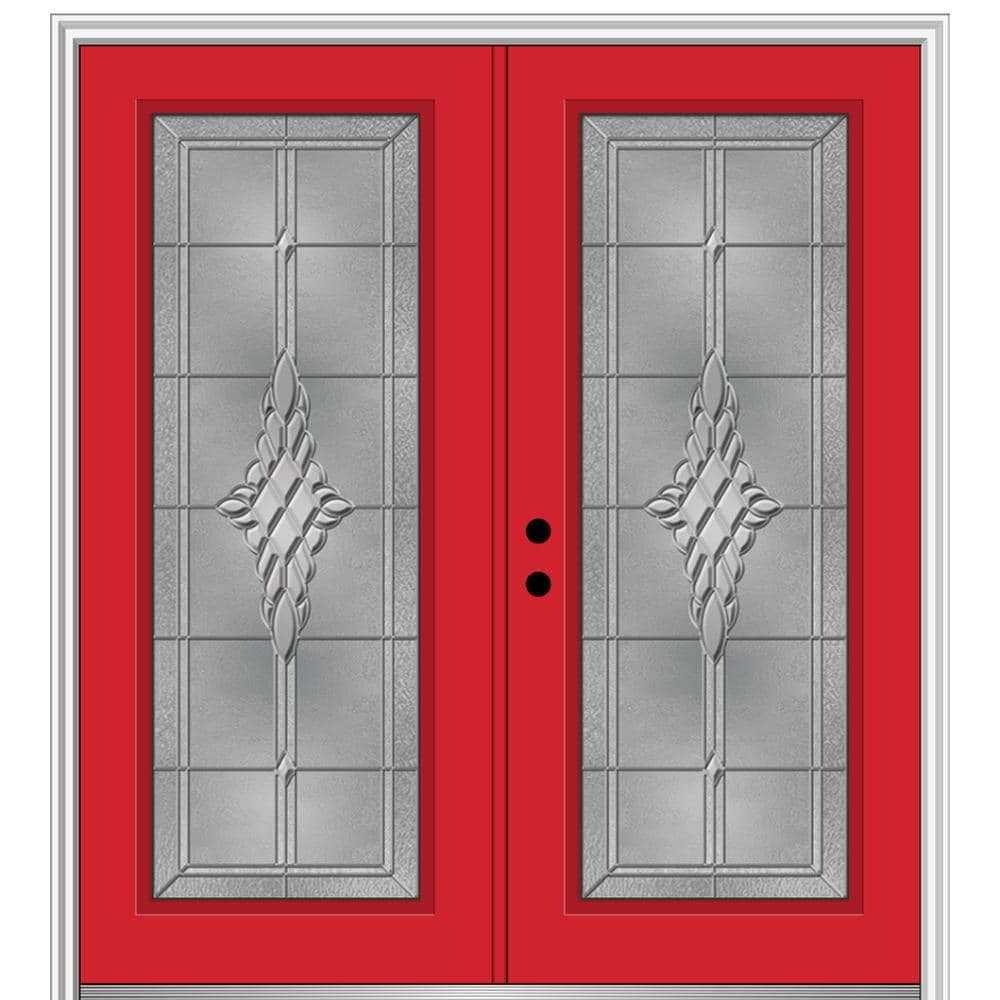 MMI DOOR ZZ365840R 72-in x 80-in x 4-9/16-in Fiberglass Full lite Right-hand inswing Red Saffron Painted Prehung Double Front Door with Brickmould Insulating core