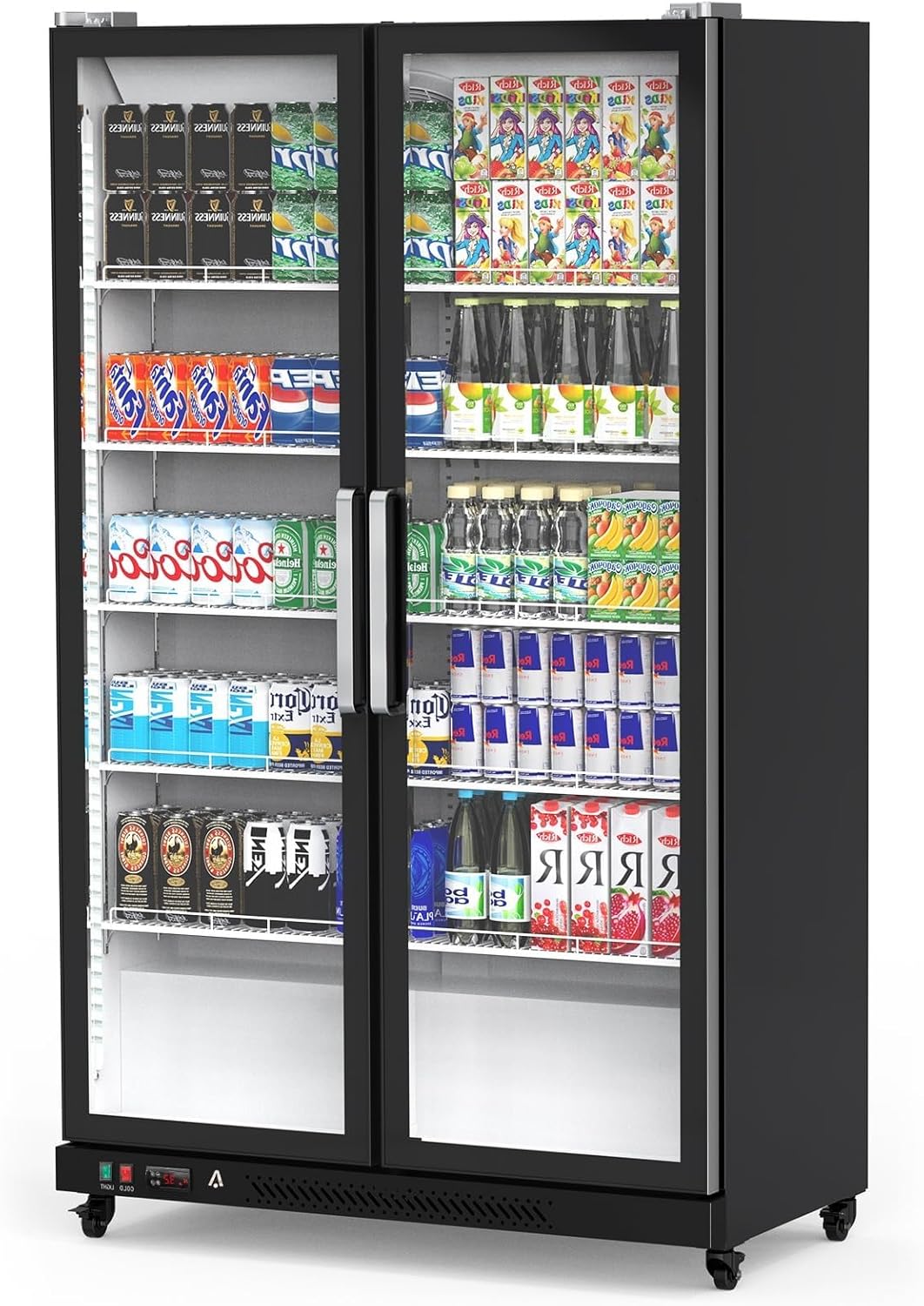 Qeetex YHC-12X9OD2J Metal Pre-Coated Sheet Upright Full Glass Double-Door Beverage Display Cabinet with Internal LED Lighting SC-1060FC Black for Homes Restaurants Supermarkets