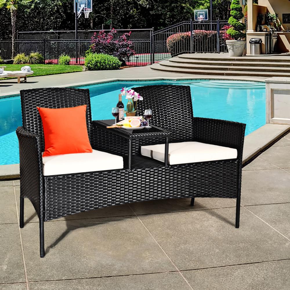Black Rattan Outdoor Loveseat with Cushions and Glass Table