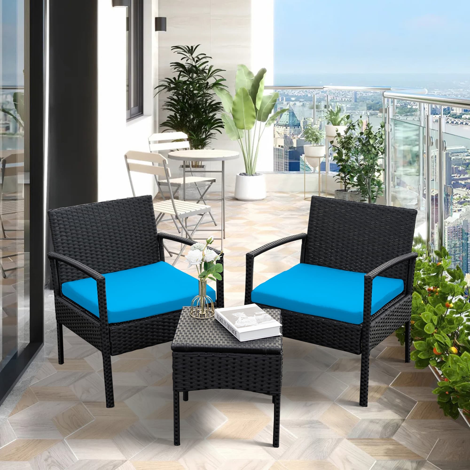 Grearden HZ012-BL-NF 3pcs wicker conversation set 3 -Piece Wicker Patio Conversation Set with Blue Cushions