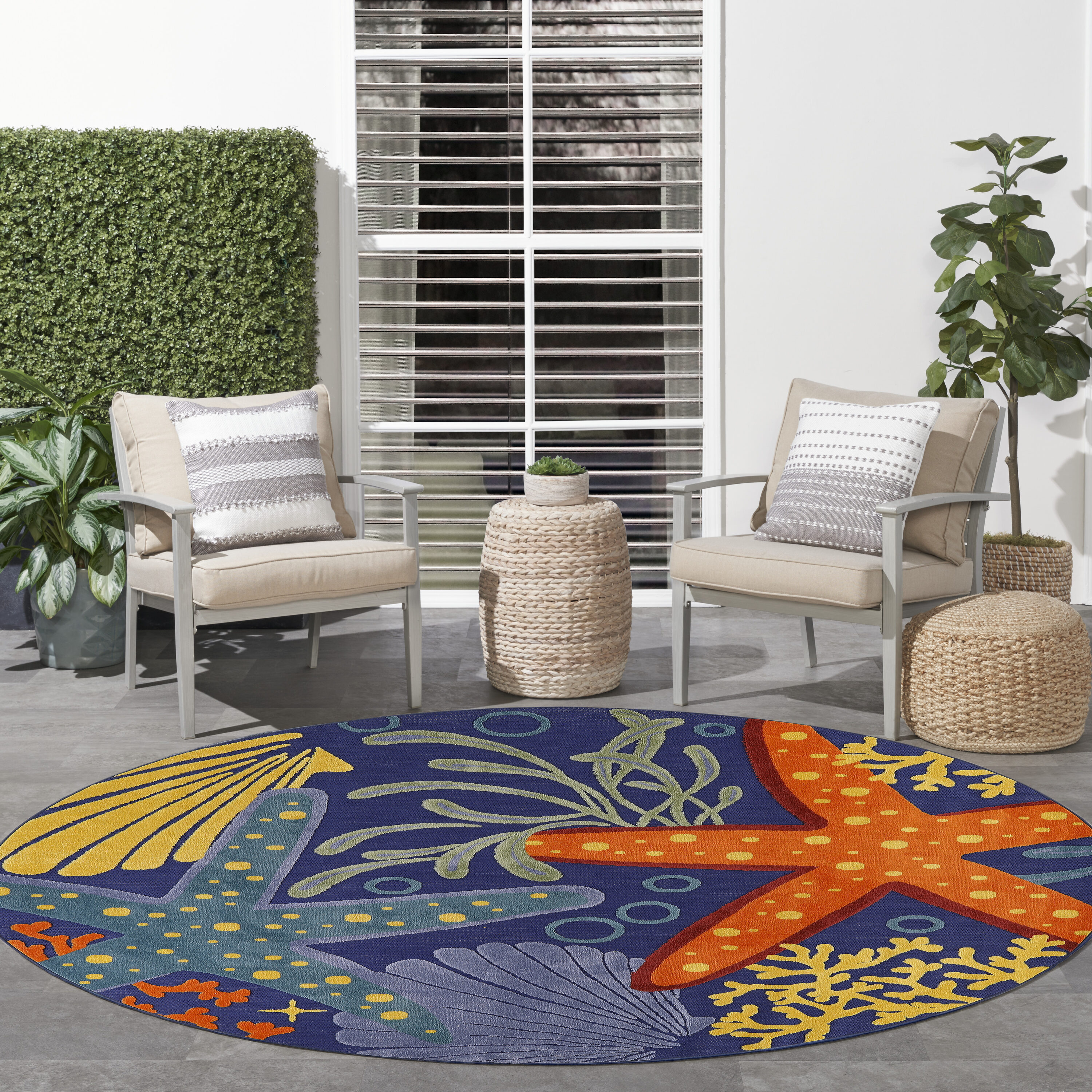 Nourison Home 099446921673 8 x 8 (ft) Loomed Navy Multicolor Round Indoor/Outdoor Floral/Botanical Tropical Area rug