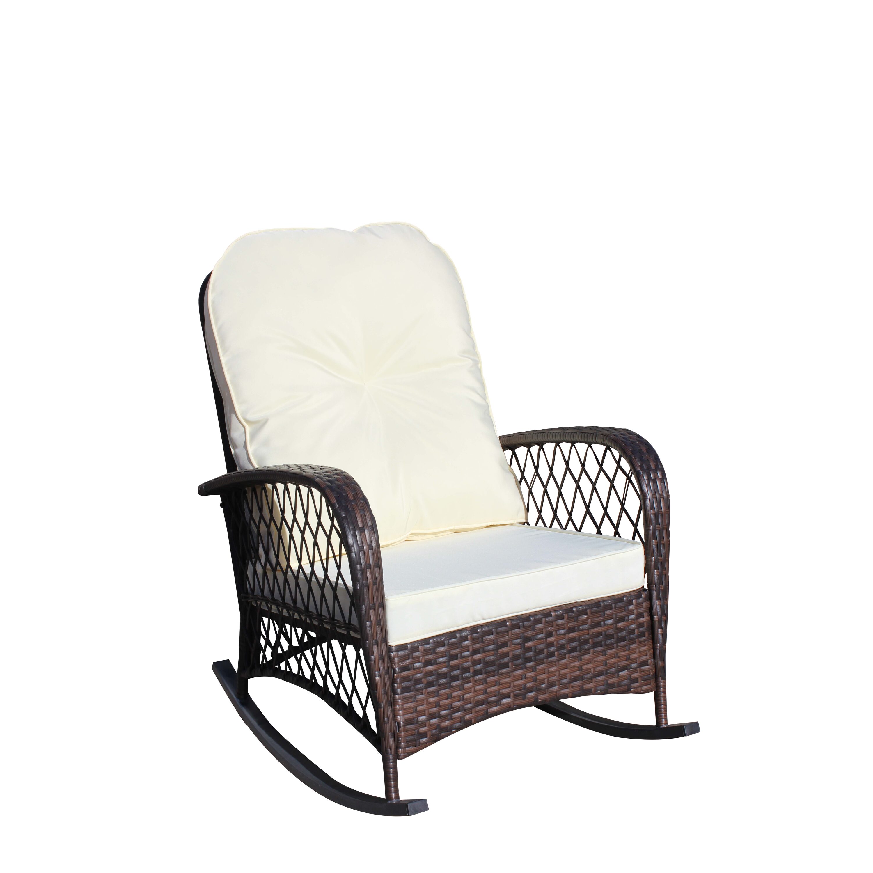 LIVIZA GIGP265086 Wicker Rocking Chair Wicker Beige Steel Frame Rocking Chair with Beige Cushioned Seat