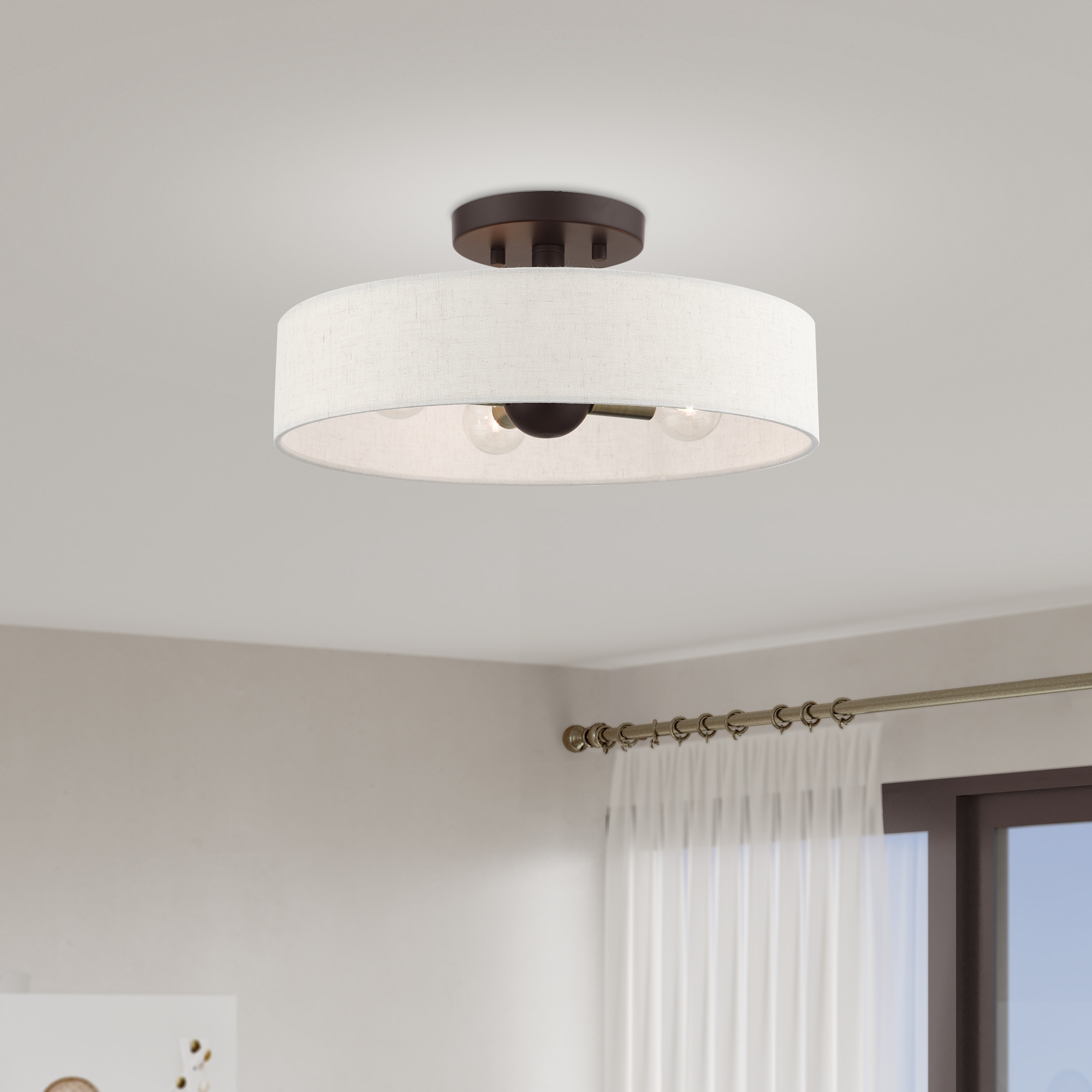 Bronze Antique Brass 4-Light Drum Semi-Flush Mount with Oatmeal Shade