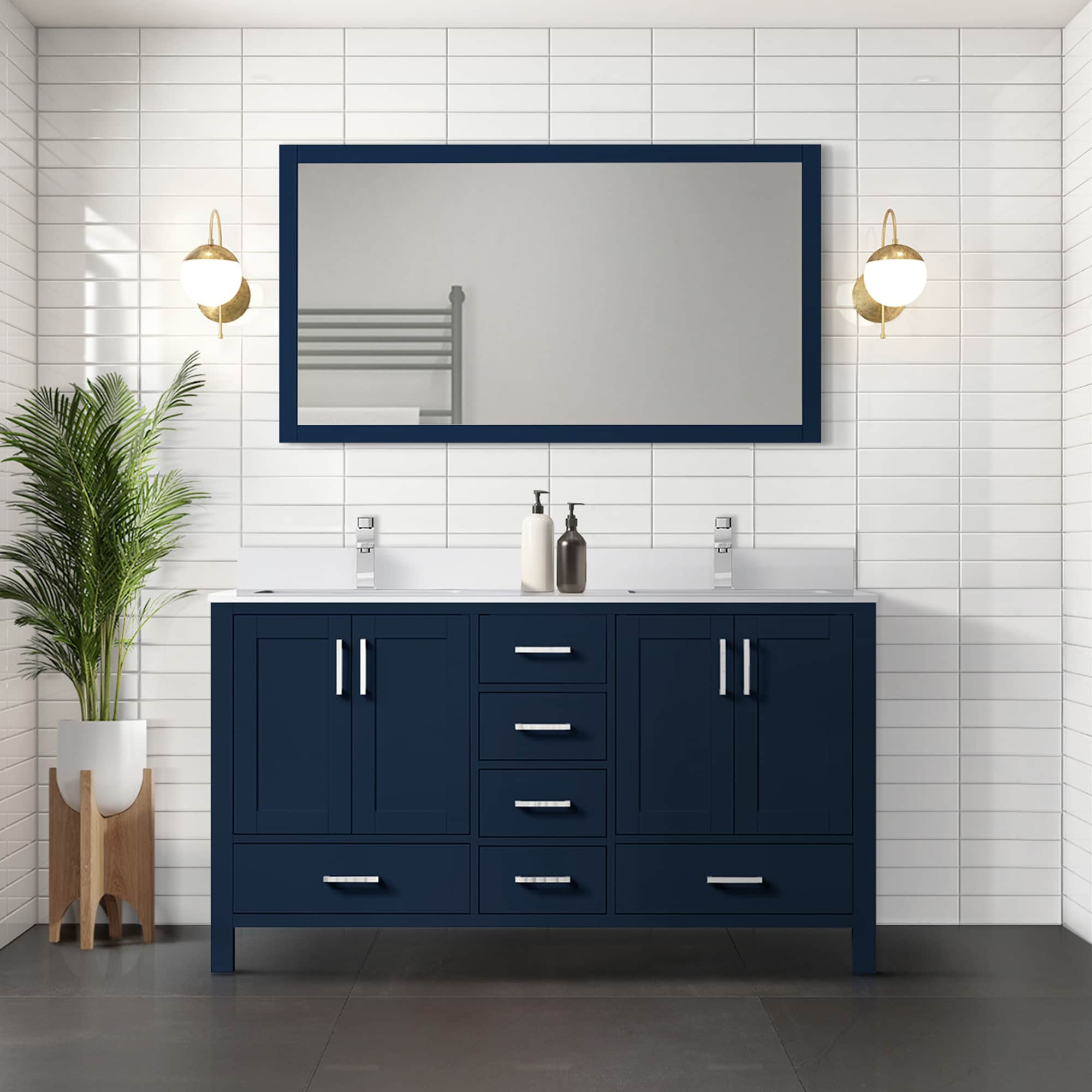 Forclover Solid Wood Bathroom Vanity 60-in Navy Blue Undermount Double Sink  Floating Bathroom Vanity with White Quartz Top in the Bathroom Vanities  with Tops department at