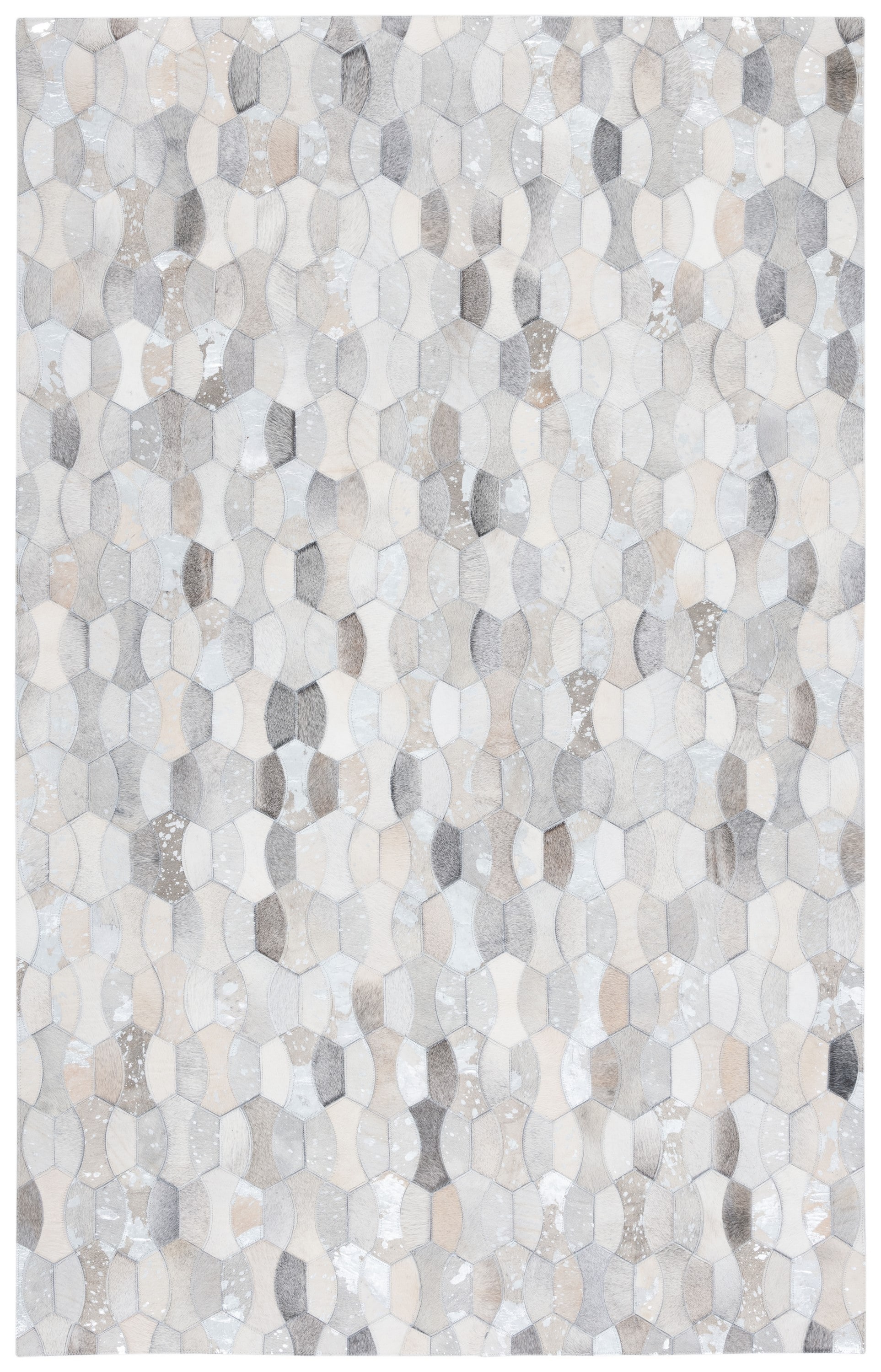 Ivory and Gray Geometric Handmade Cowhide Rug, 8' x 10'
