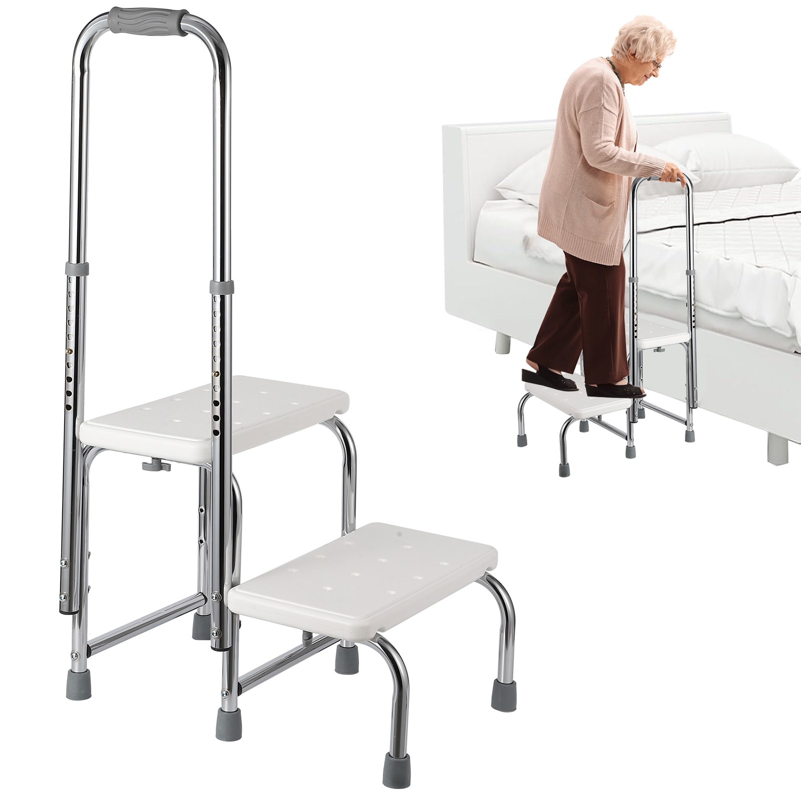 Garvee Adjustable Height 2 Step Stool with Single Handrail for Seniors and Adults