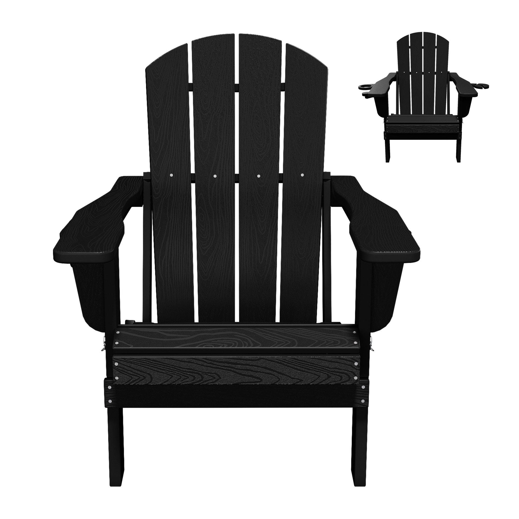 JEAREY ZDY-PE-OE Folding HDPE Plastic Adirondack Chair With Cup Holder Black HDPE Frame Stationary Adirondack Chair with Slat Seat