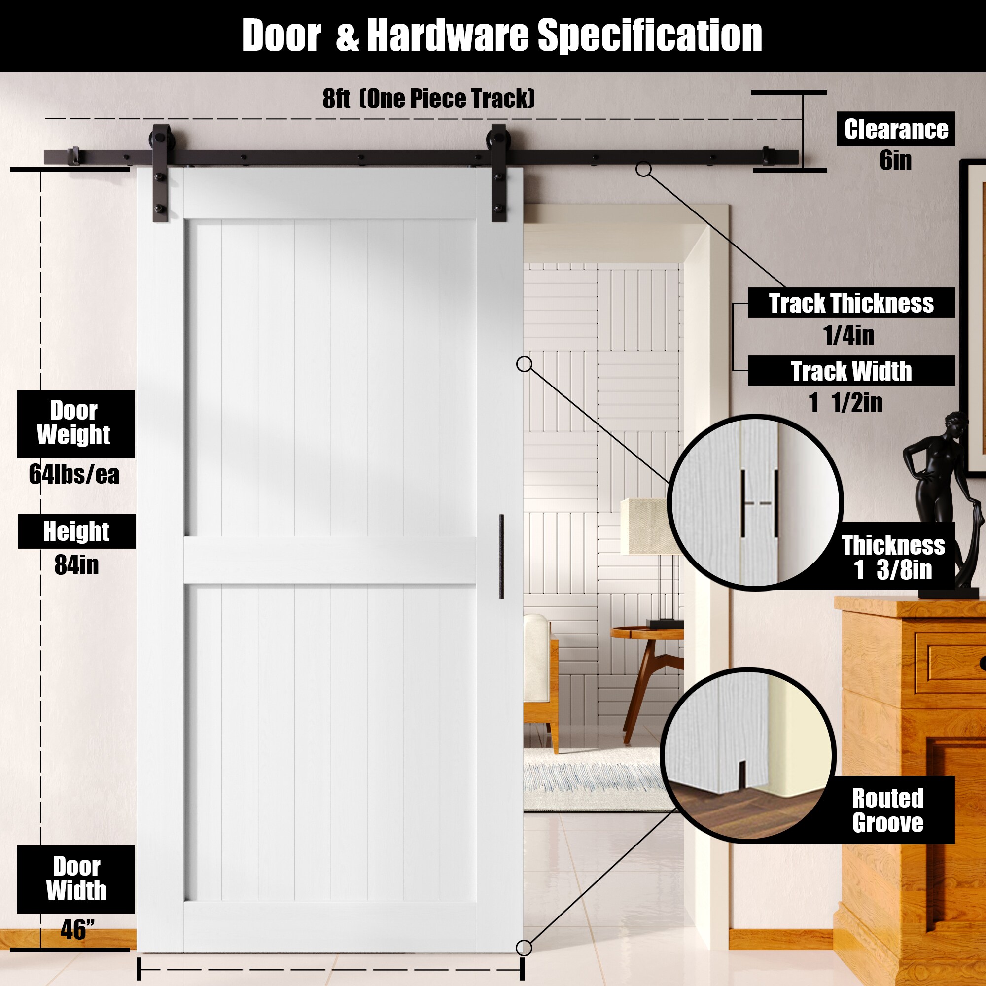 HOMACER YT1TGH096C-4684-H-WH Barn-Doors - View #2