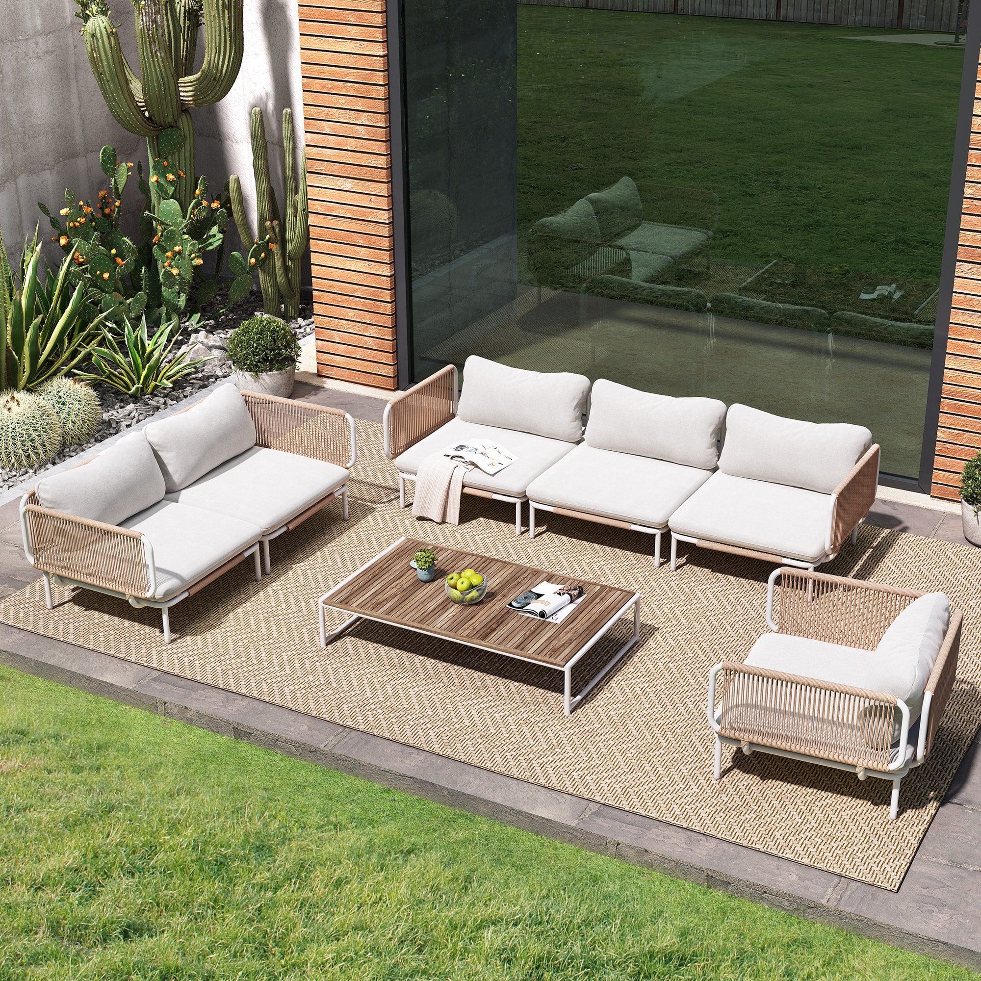 Crestlive Products CL-SF005BEI-6B patio sofa set Outdoor Sofa with Beige Cushions and Iron Frame