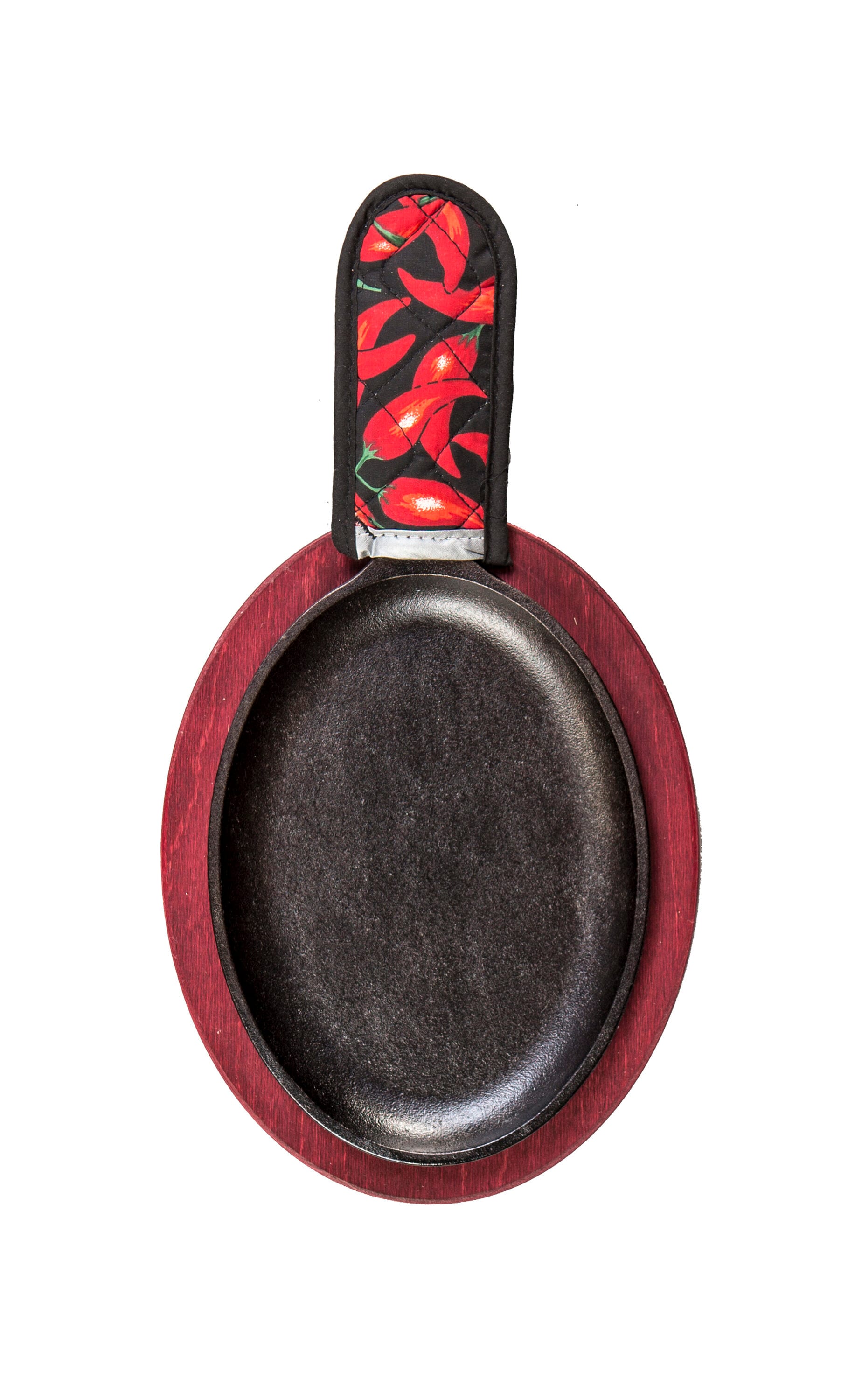 Lodge LFSR3 10 x 7 1/2 Oval Pre-Seasoned Cast Iron Fajita Skillet with  Red Wood Underliner and Chili Pepper Handle Holder
