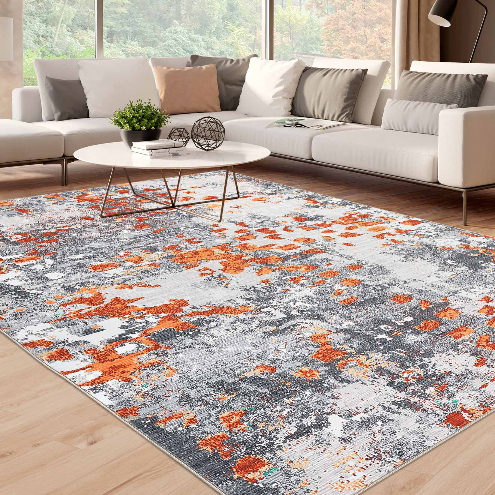 Garvee YXY-LO-PHO-11V48BIB 9 x 12 (ft) Loomed Polyester Orange/Gray Rectangular Indoor Abstract Mid-Century Modern Machine washable Area rug