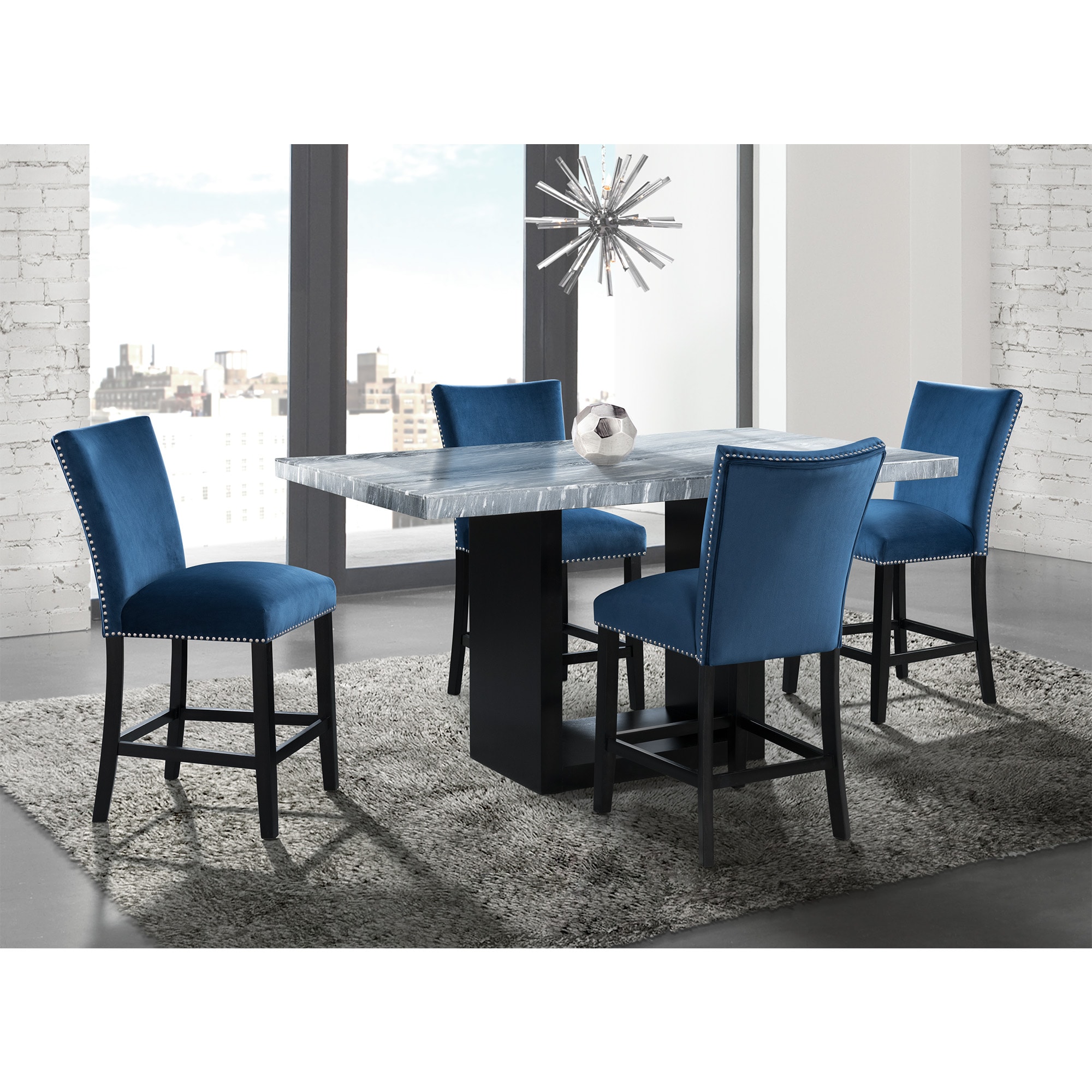 Gray Marble and Black Wood Rectangular Counter Height Table