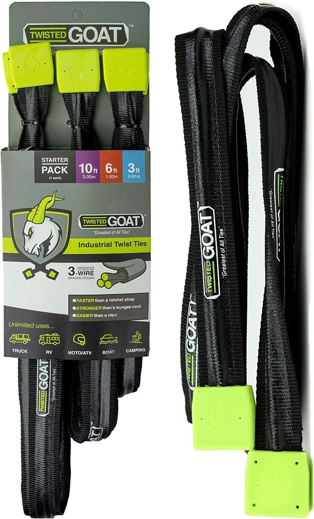 TWISTED GOAT  Industrial Twist Ties Heavy-Duty Reusable Cargo and Camping Ties Starter Pack 3ft 6ft 10ft