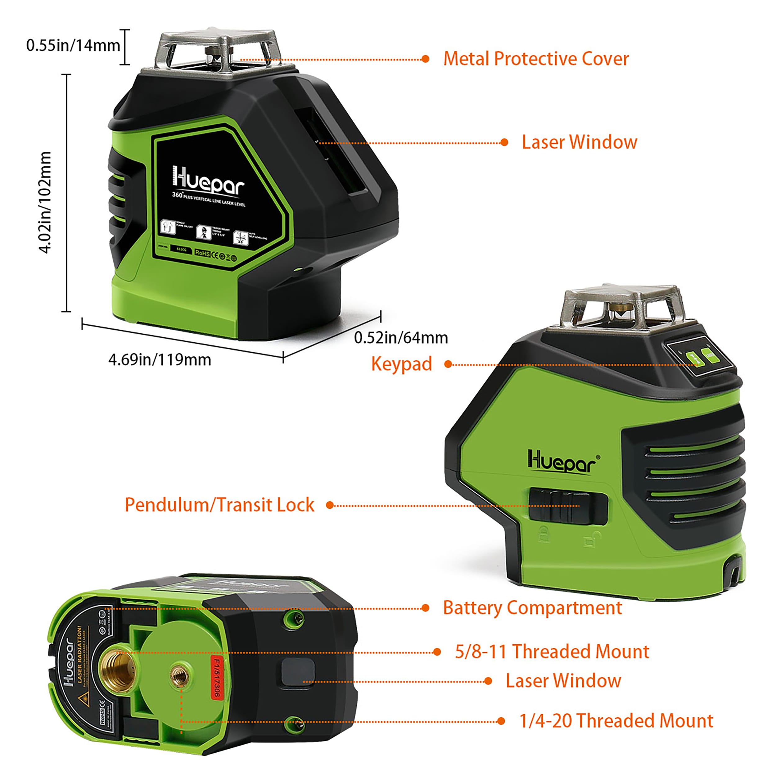 Huepar Green 180-ft Self-Leveling Indoor/Outdoor Cross-line Laser