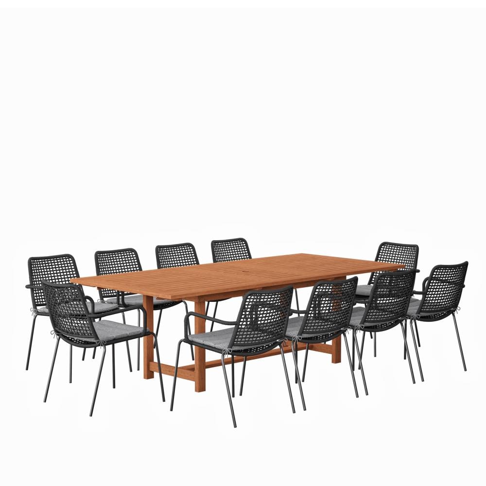 Amazonia BT54210OBEBKGROU  Eucalytpus 11 -Piece Brown Patio Dining Set Extendable Table Wood Rectangle Table with 10 Brown Cushions Stackable Stationary Chairs