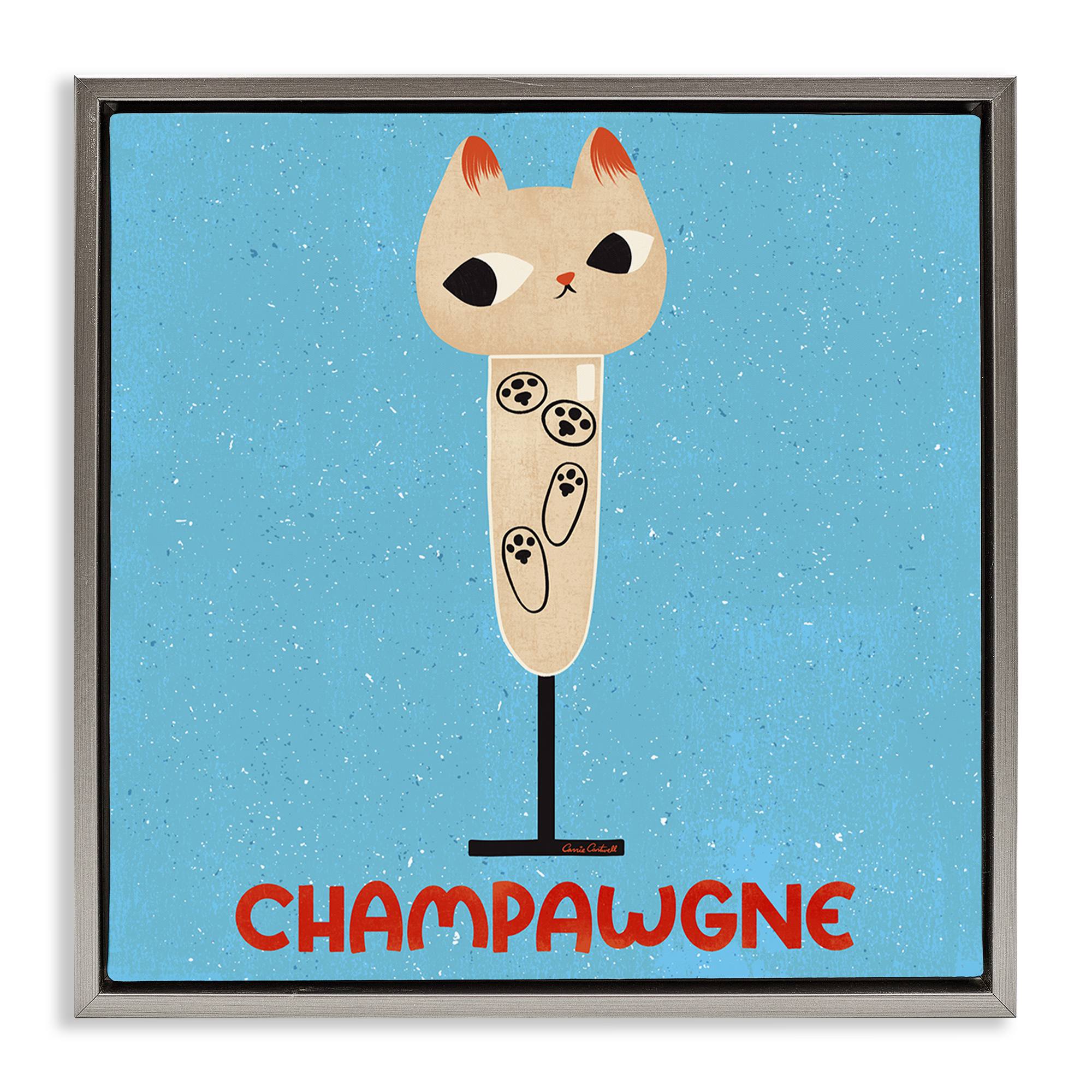 Stupell Industries BS-849-FFL-17X17 Champawgne Feline Wine Gray Framed Floater Canvas Wall Art By Carrie Cantwell 18 x 18