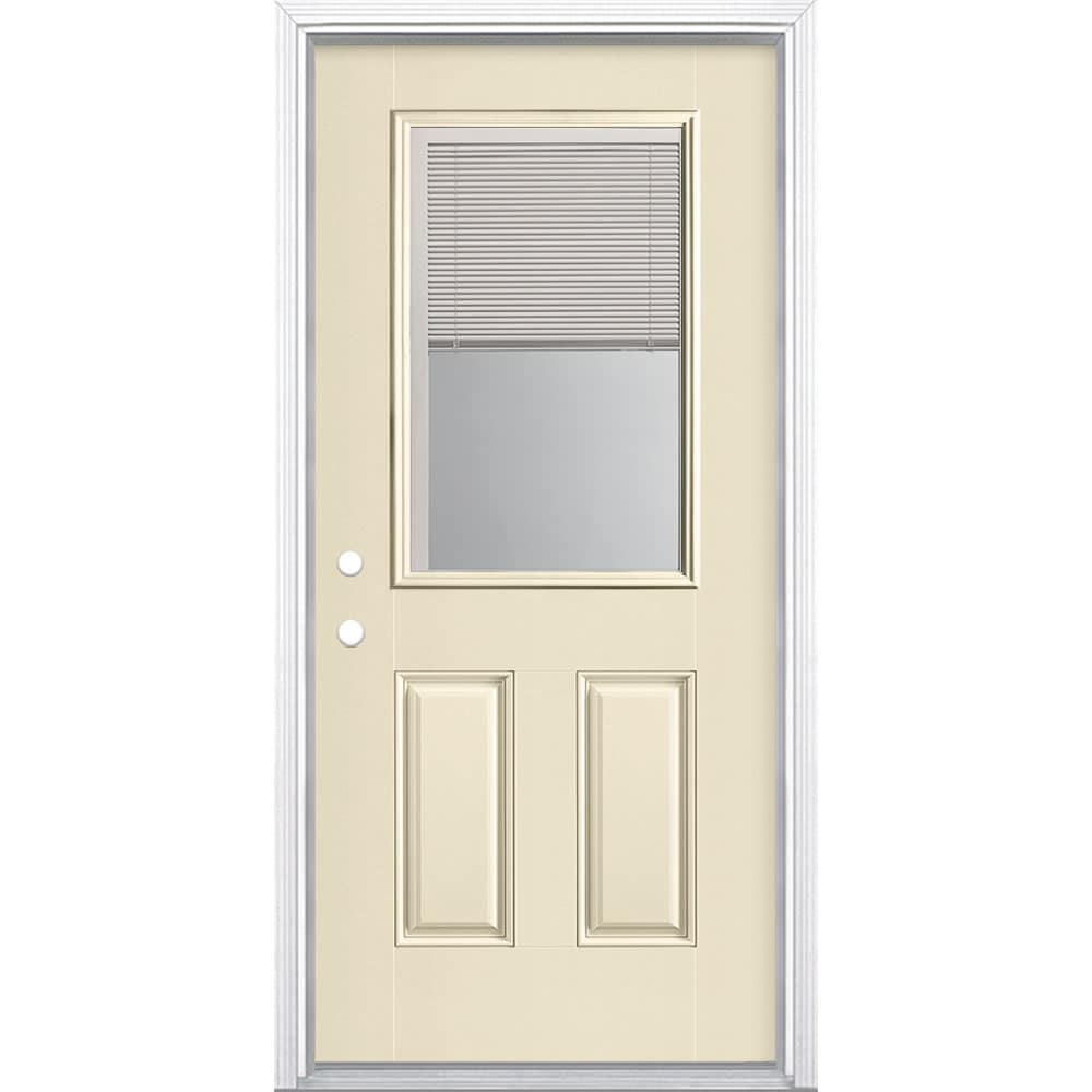 Masonite 1218464 36-in x 80-in x 4-9/16-in Fiberglass Half lite Right-hand inswing Bisque Painted Prehung Front Door with Brickmould Insulating core with Blinds