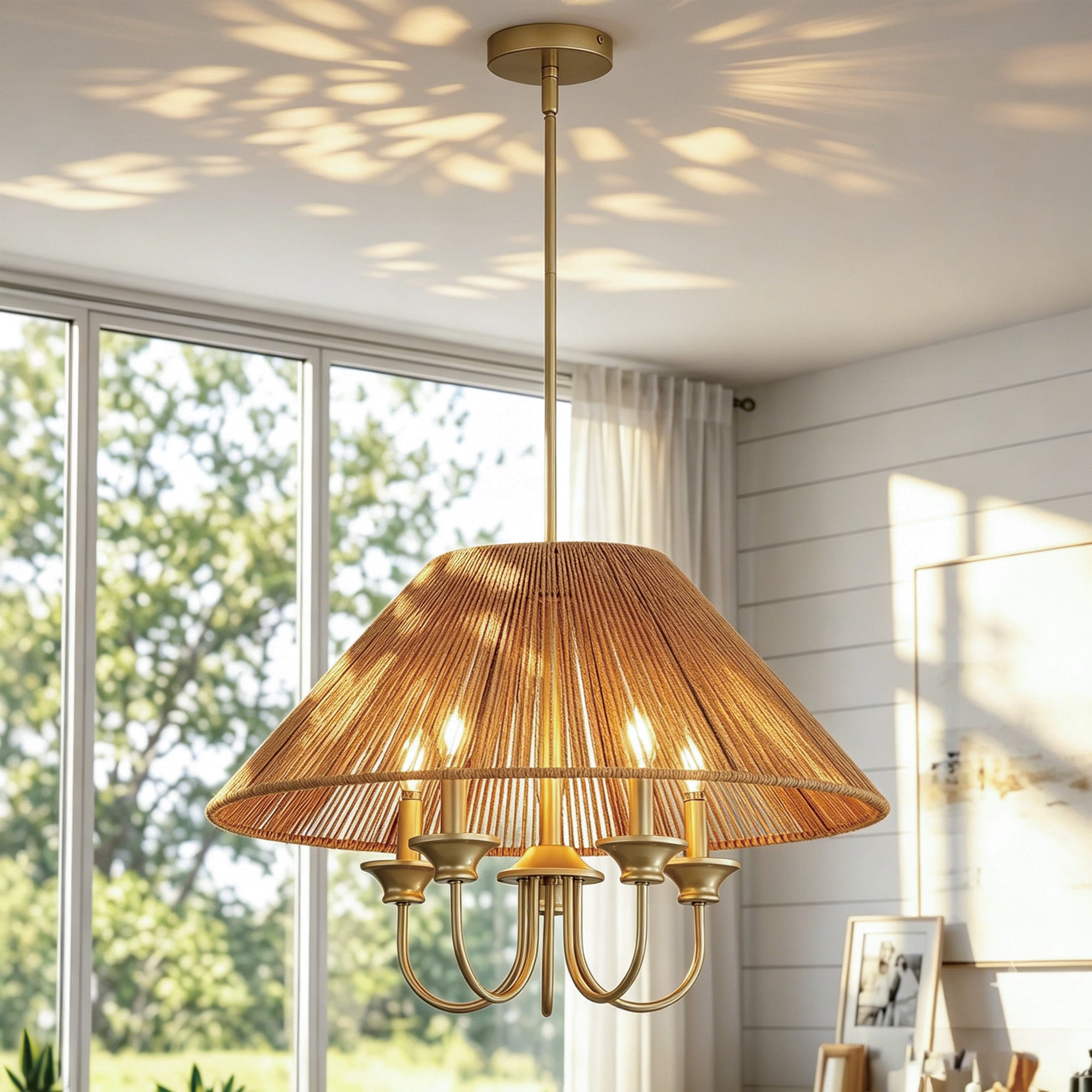 TEINIE 23 Inch Boho Farmhouse Rattan Chandelier 5 Light Gold Coastal Pendant Light for Dining Room Living Room Entryway Foyer