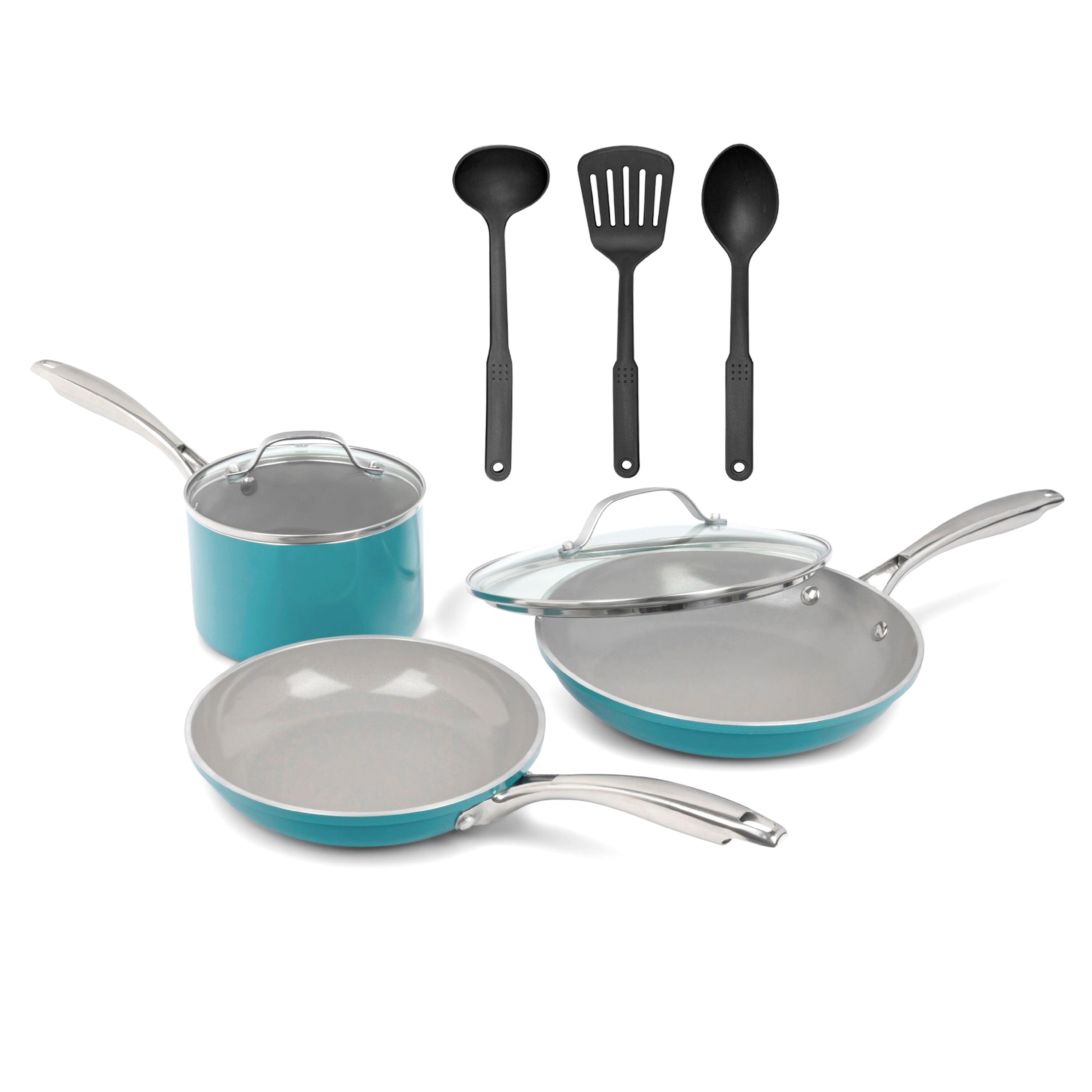  Rachael Ray Cucina Nonstick Cookware Pots and Pans Set, 12 Piece,  Agave Blue & Cucina Hard Anodized Nonstick Griddle Pan/Flat Grill, 11 Inch,  Gray with Agave Blue Handle: Home & Kitchen