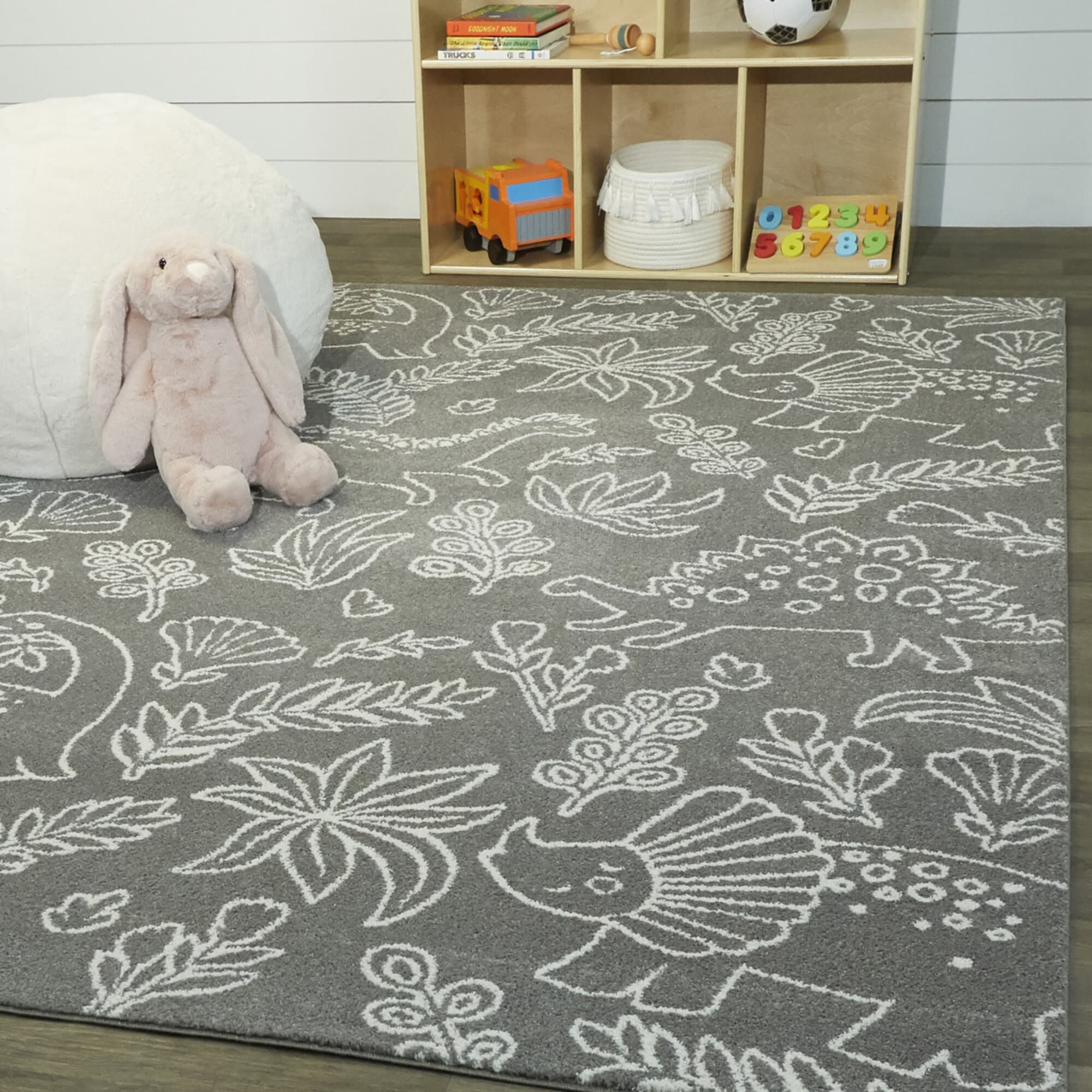 Gray Synthetic Non-slip Rectangular Kids' Dinosaur Rug