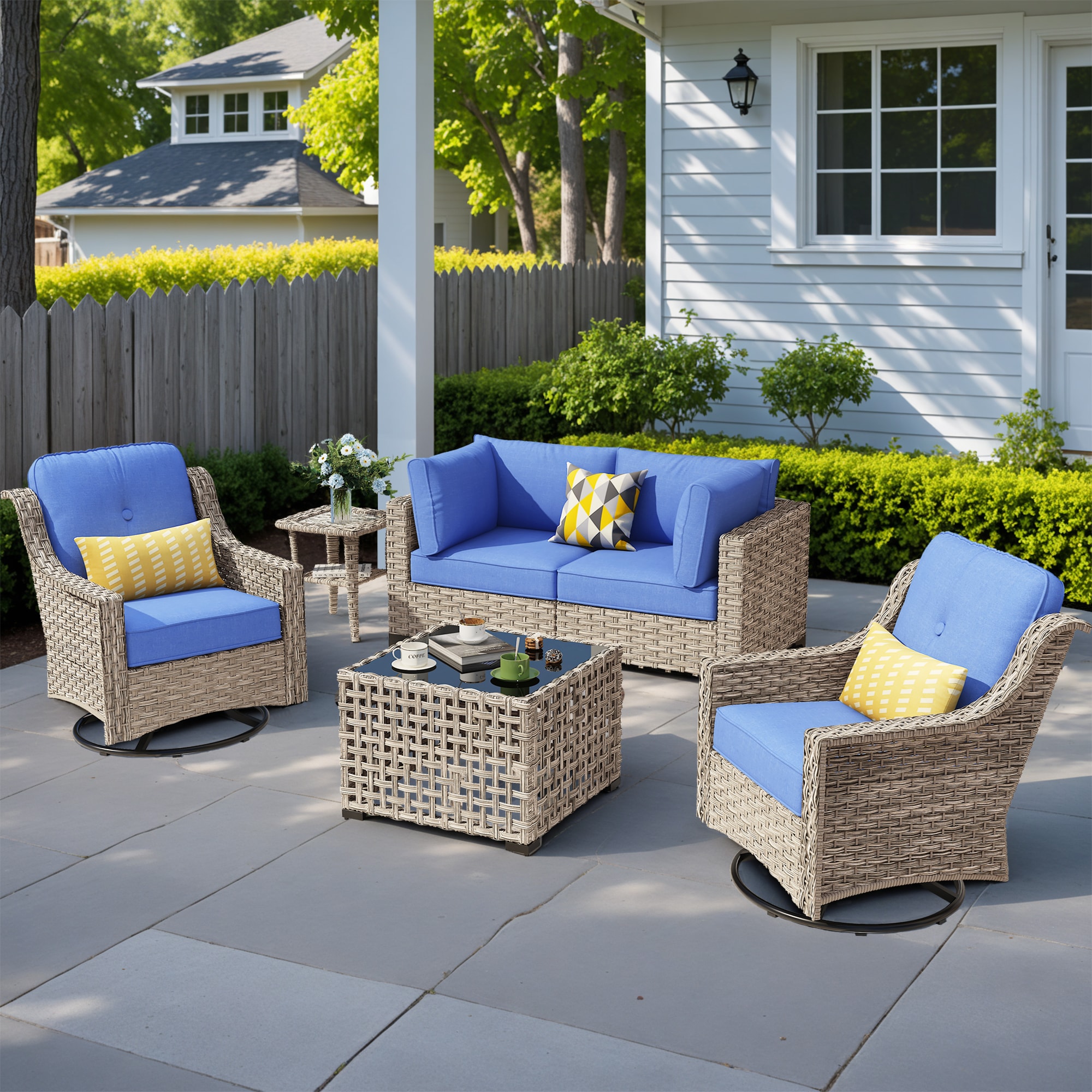 ALTRIGUS 6L-YZSKT706-AL 6 -Piece Wicker Patio Sofa Conversation Set with Navy Cushions