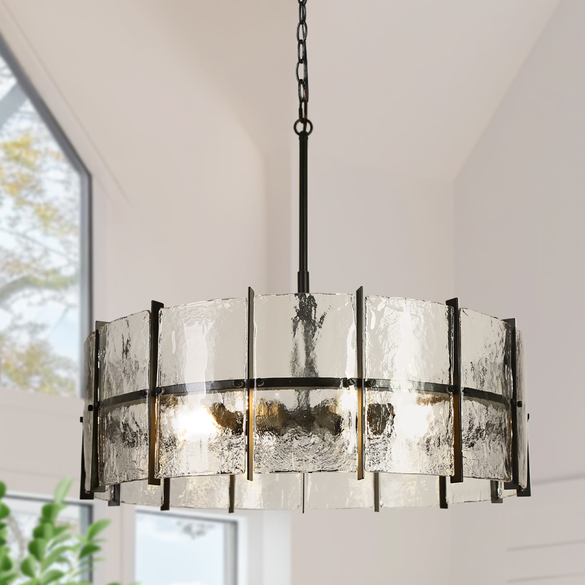 LNC Velmira 8 -Light Matte Black Textured glass Glass Chandelier #YUAJ7RLWS15430A9