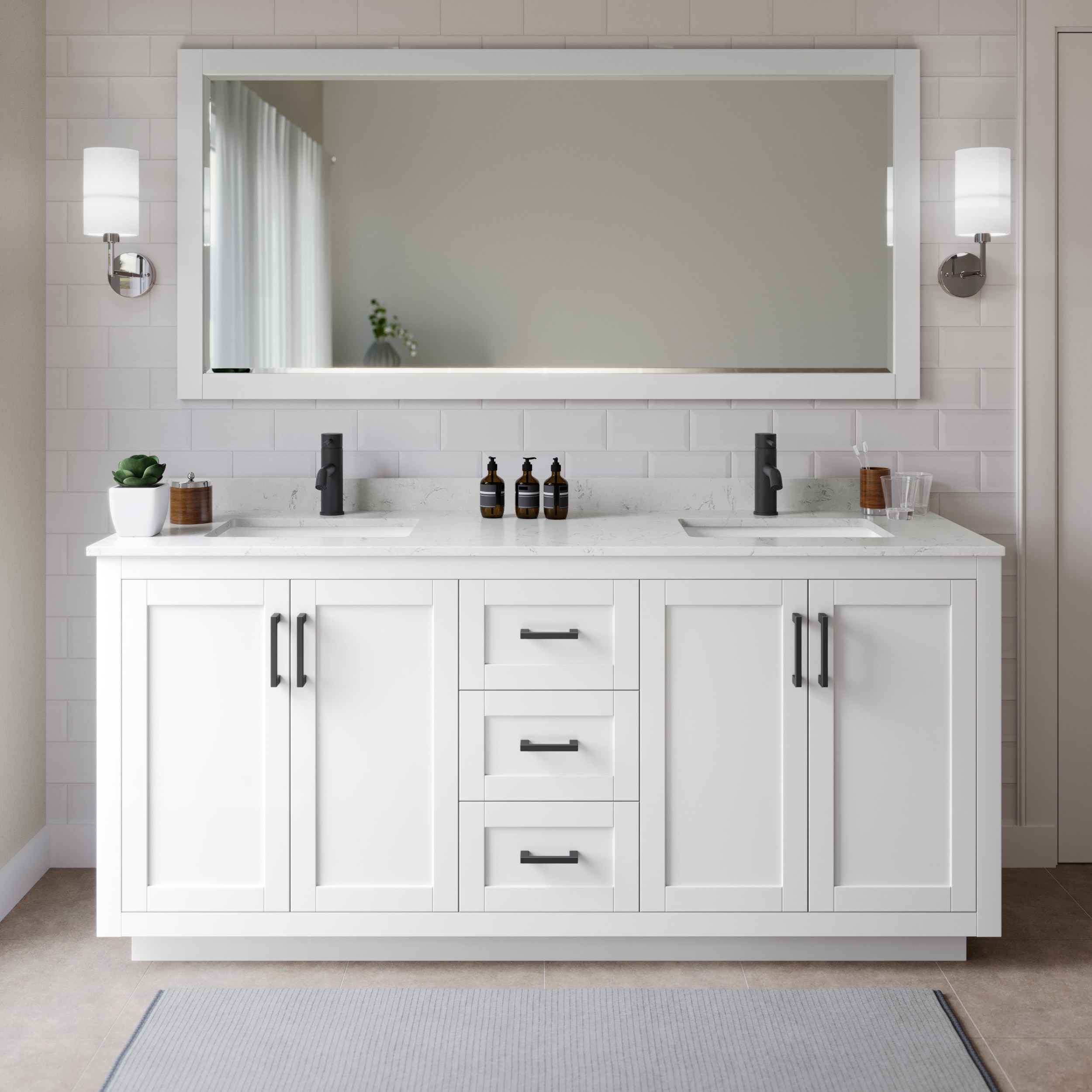 Wyndham Collection WCF292972DWBC2UNSMXX Miranda 72-in White with Matte Black Trim Undermount Double sink Bathroom Vanity with Carrara Cultured Marble Cultured marble Top