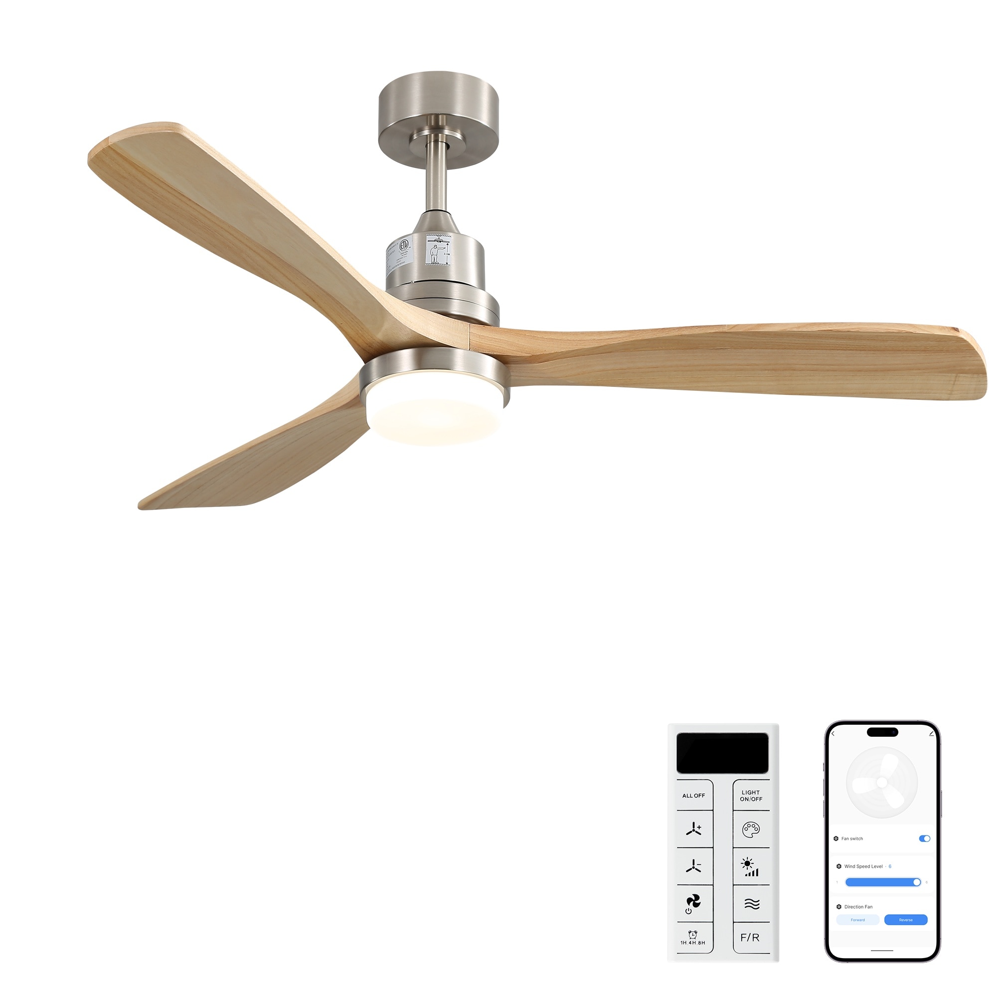 HyperDrop Cart 52 Inch Smart Ceiling Fan with Sand Nickel Finish 3 Natural Wood Blades LED 18W Triple Color Dimmable Memory Lighting and Remote Control
