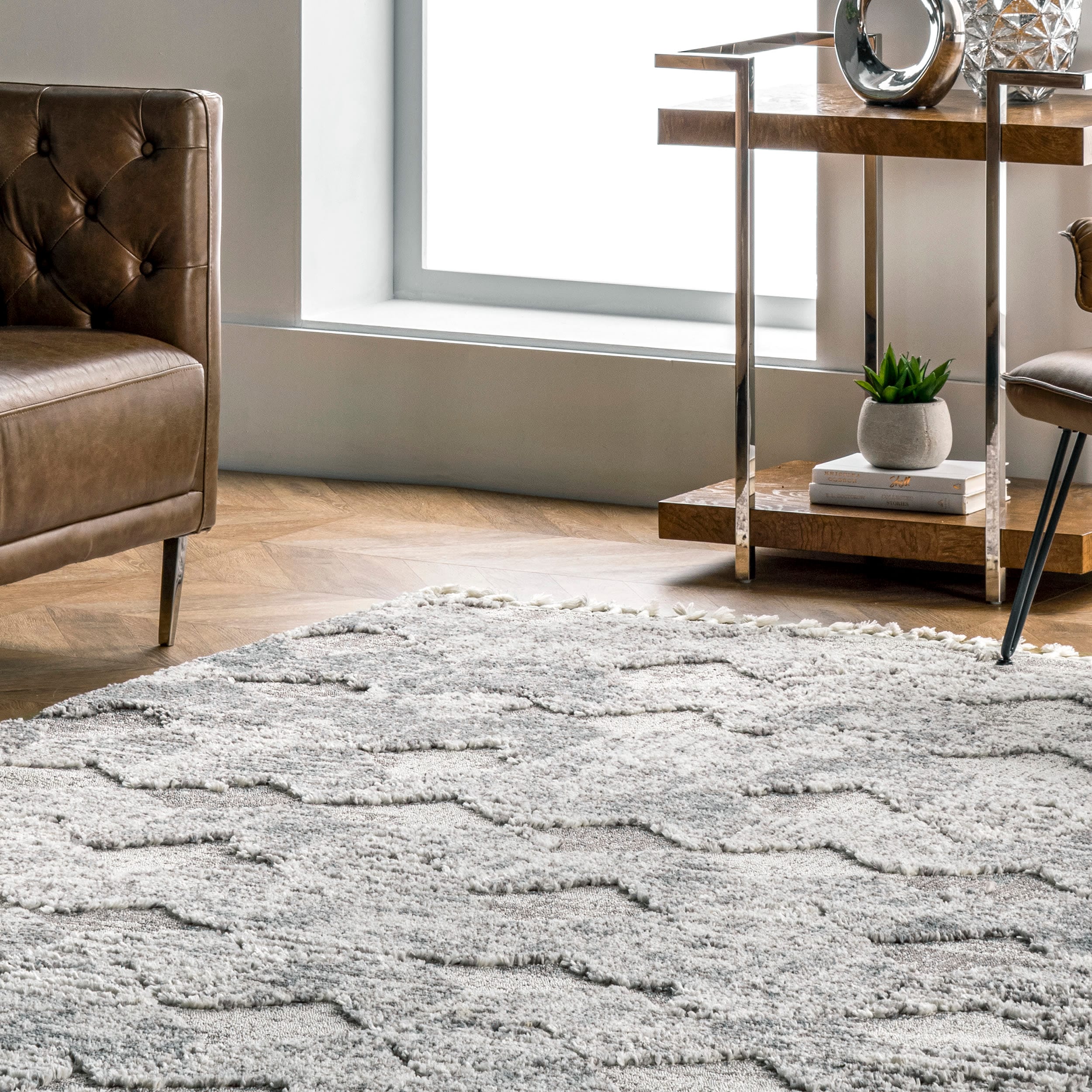 Light Grey Herringbone 9' x 12' Easy-Care Synthetic Rug