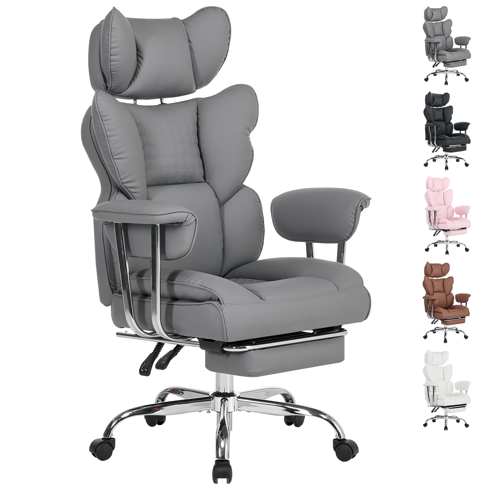 Vynxaria Gray High Back PU Leather Executive Office Chair with Lumbar Support