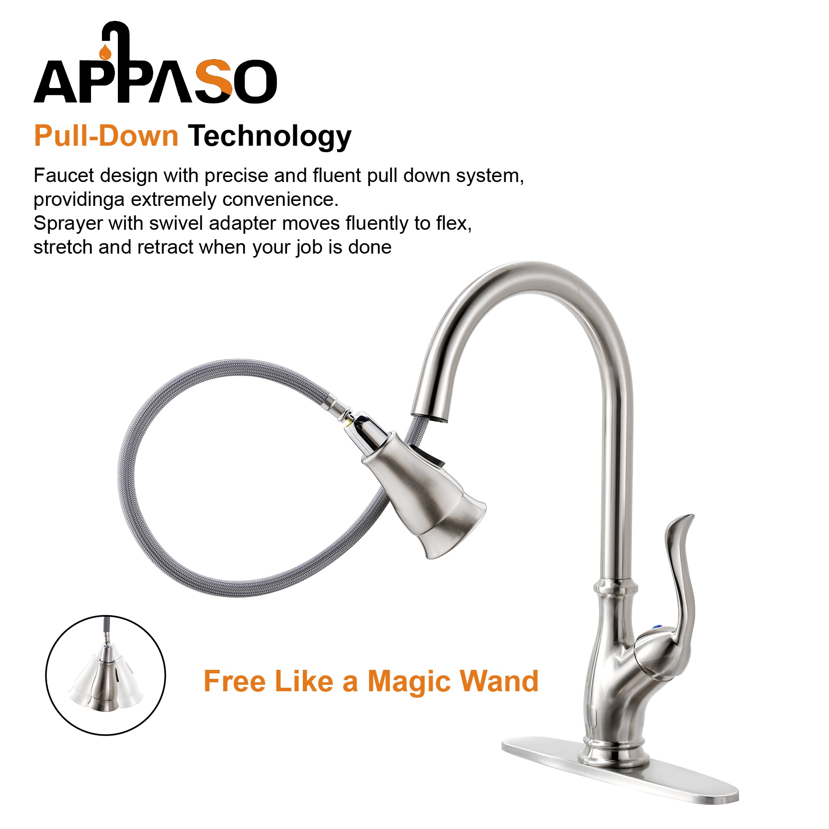 APPASO Brushed Nickel Single Handle Kitchen Faucet With Sprayer (Deck ...