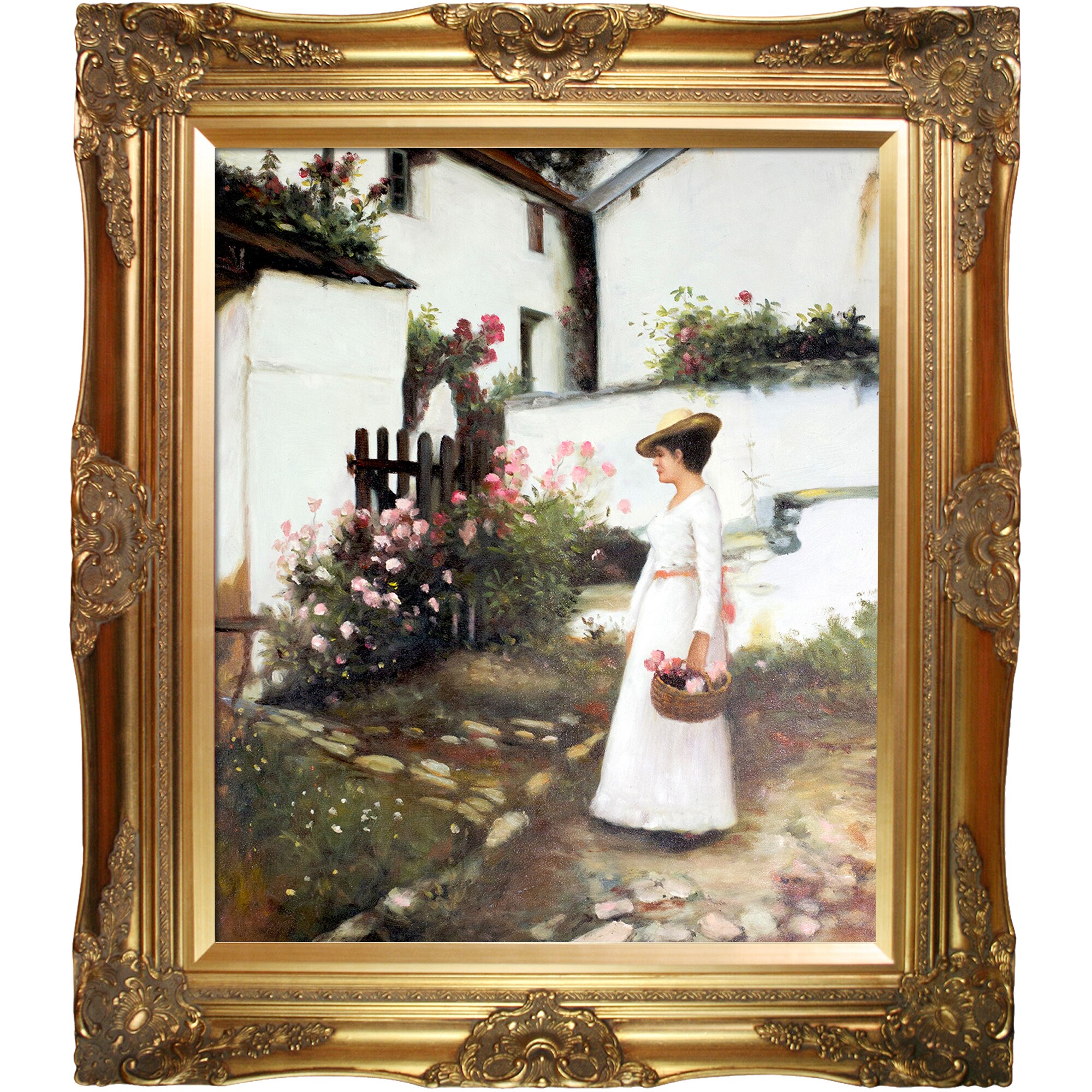 La Pastiche 688576205717 Gathering Summer Flowers in a Devonshire Garden John William Waterhouse Gold Wood Framed 28-Inches H x 32-Inches W People Canvas Hand-Painted Painting