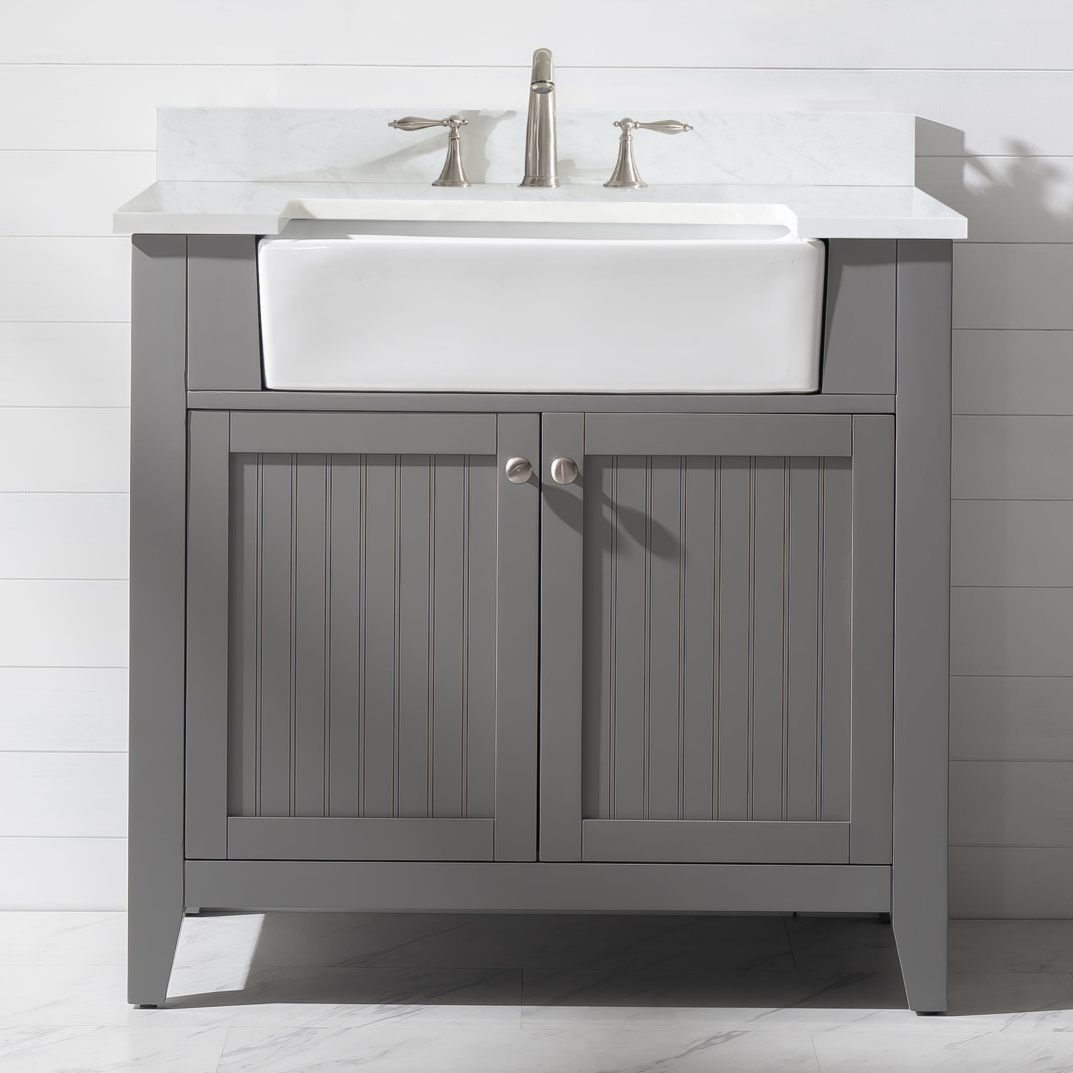 Design Element BK-36-GY Burbank 36-in Gray Farmhouse Single Sink Bathroom Vanity with White Quartz Top