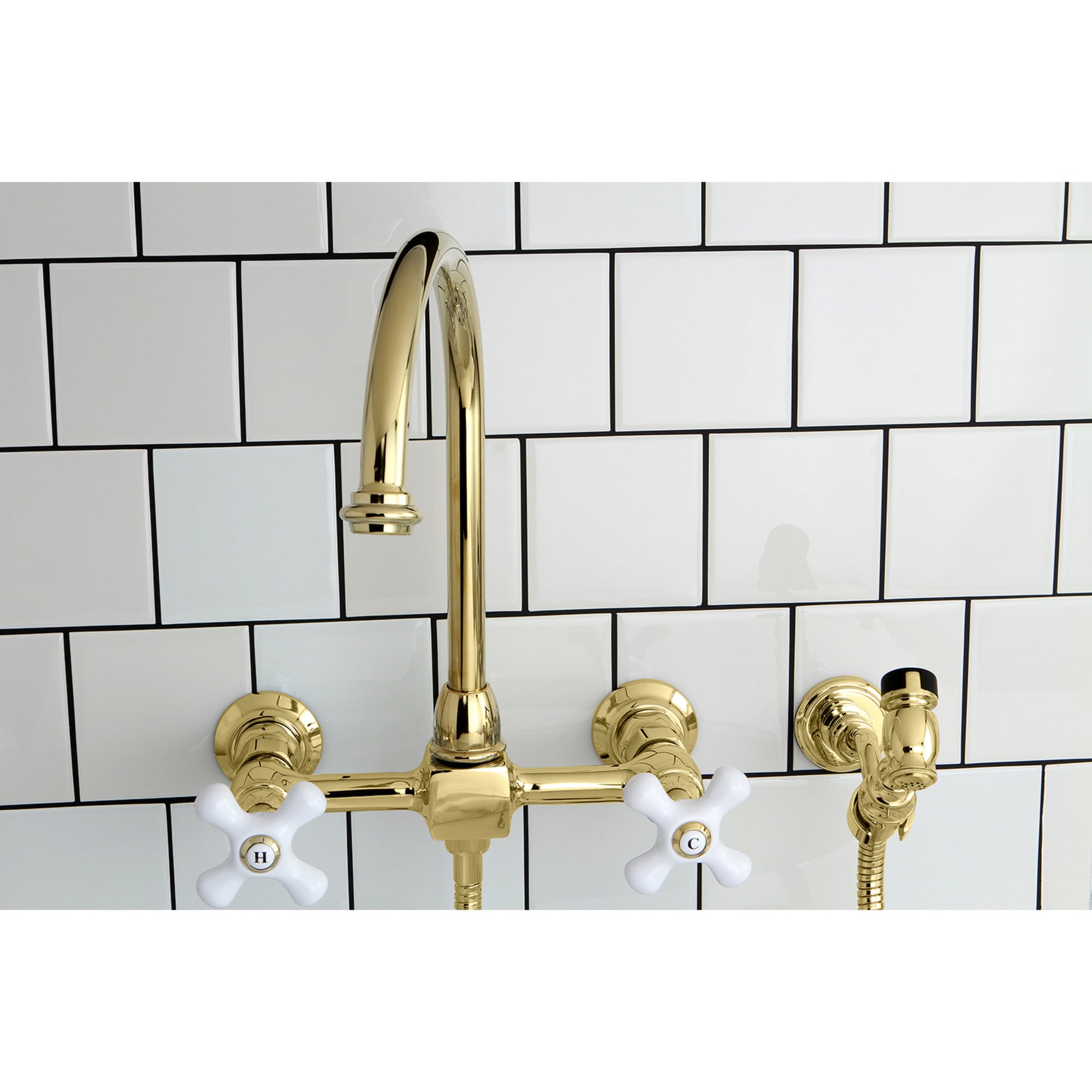 Kingston Brass WLKS1292PXBS Restoration Polished Brass Double Handle Wall-mount Kitchen Faucet ( Side Sprayer Included )