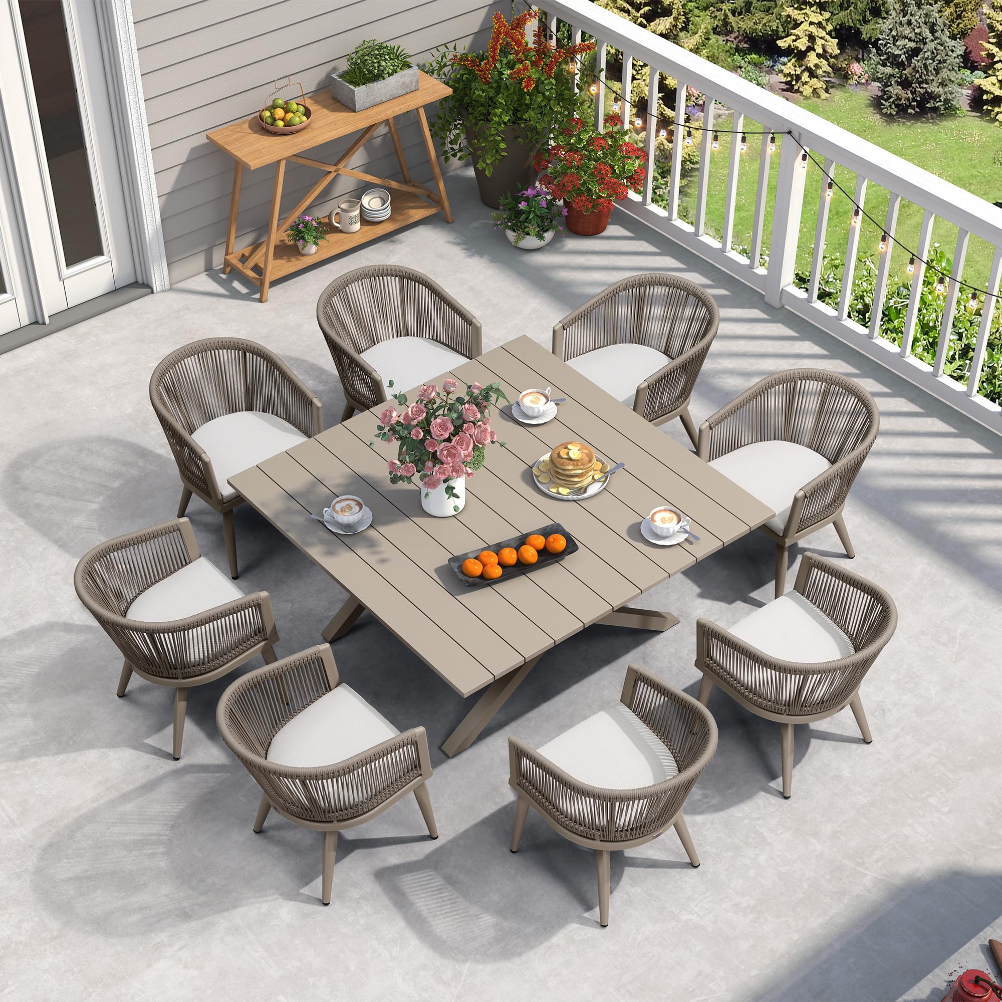 PURPLE LEAF LS04-BTLDS09-CP-155 Patio dining set 9 -Piece 8-seats-square Patio Dining Set Aluminum Square Table with 8 Tan Cushions Stationary Chairs