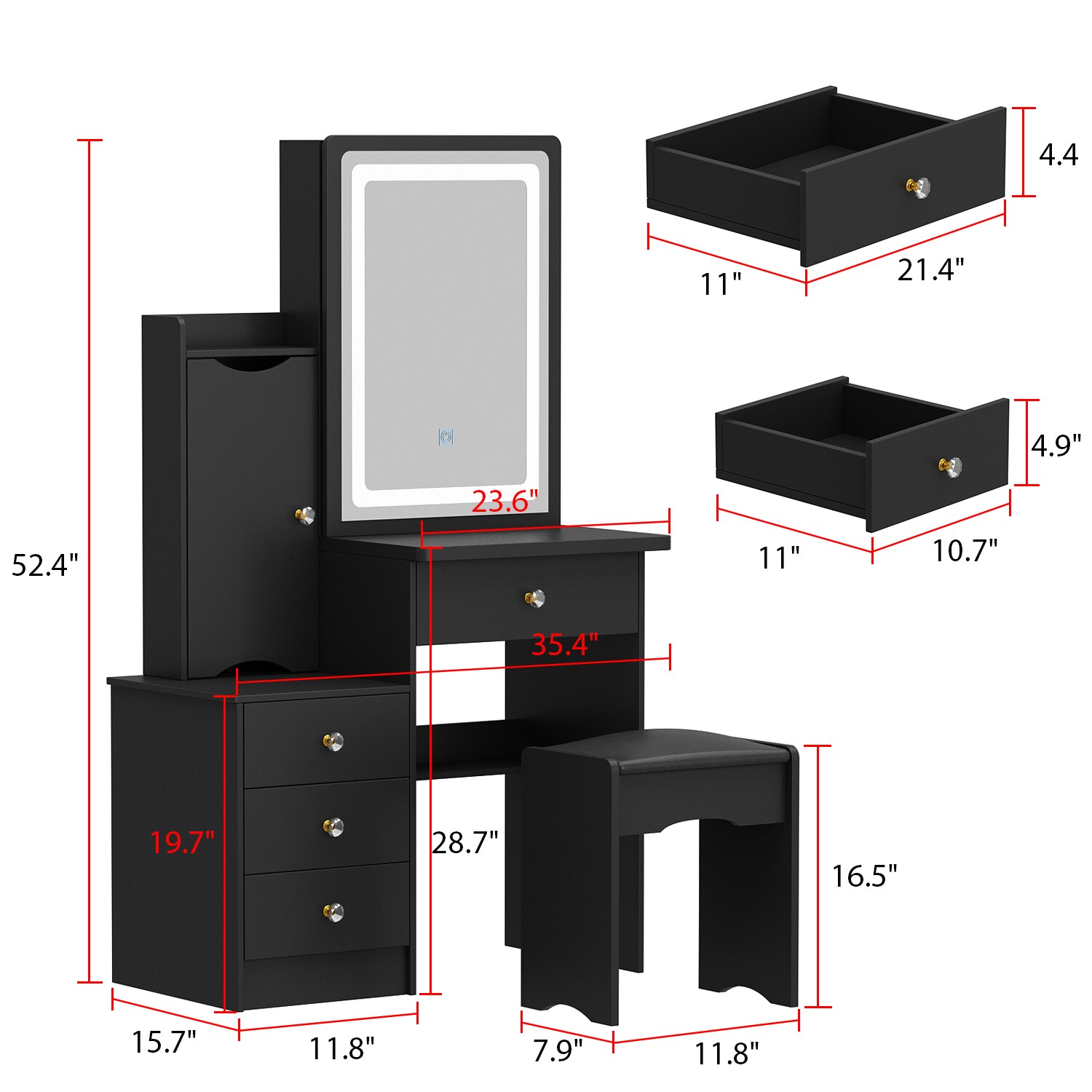 FUFU&GAGA Contemporary Black Makeup Vanity Table with Mirror and Stool ...