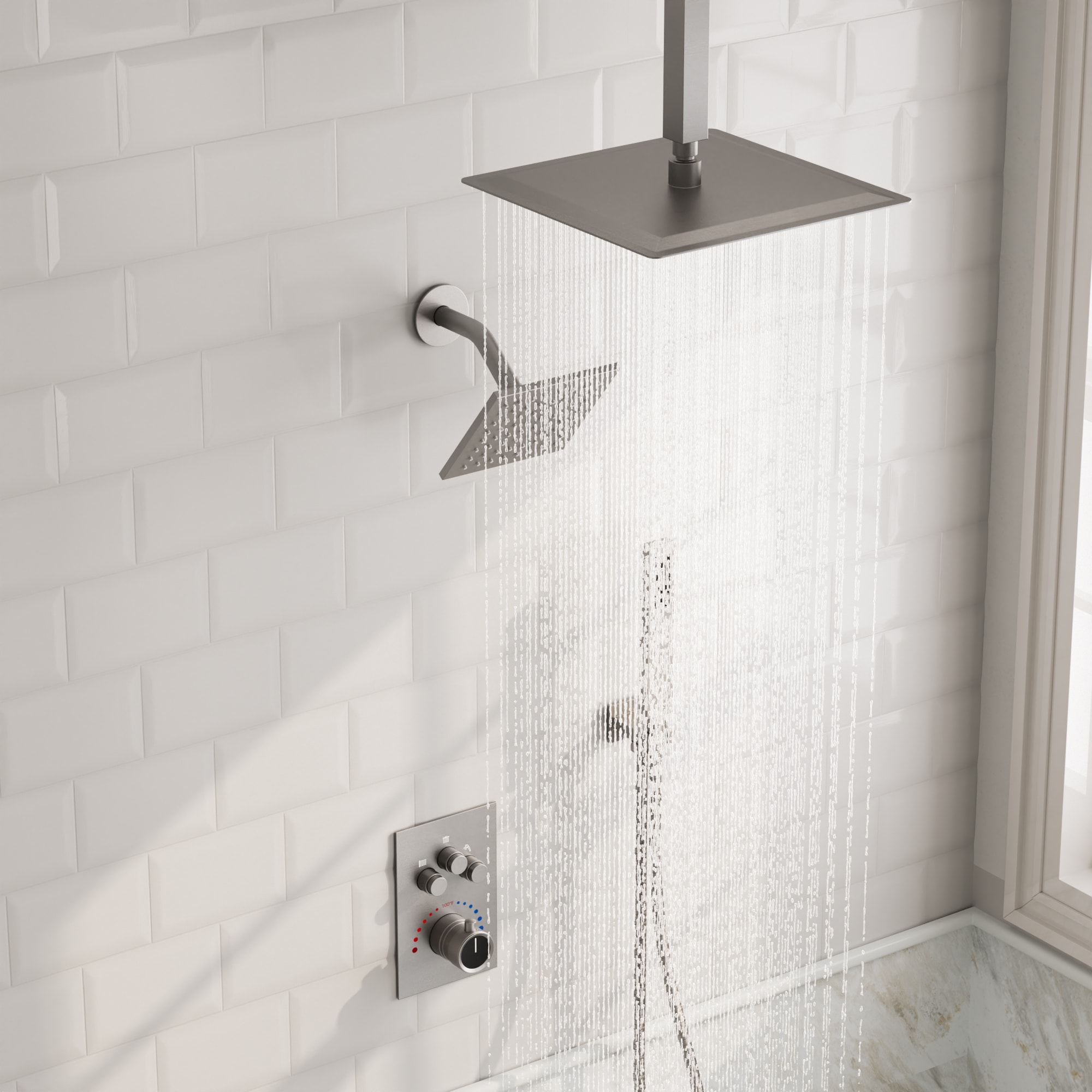 GRANDJOY SFS-1067-NK12 ZenithRain Brushed Nickel 12-in Dual Head Built-In Shower Faucet System with 3-way Diverter ( Thermostatic Valve Included )