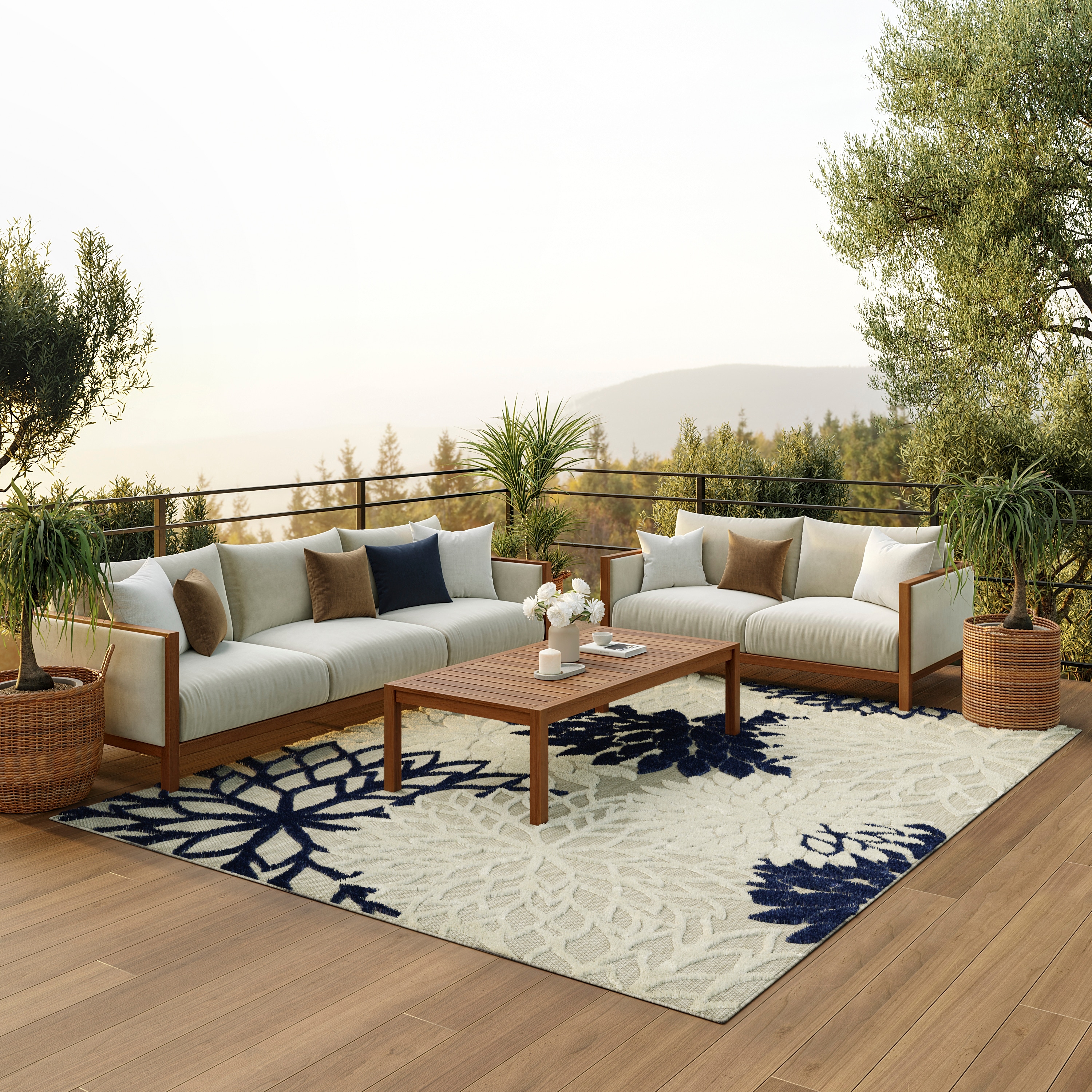 Nourison 99446778864 Aloha 10 x 13 (ft) Loomed Polypropylene Ivory/navy Rectangular Indoor/Outdoor Tropical Area rug