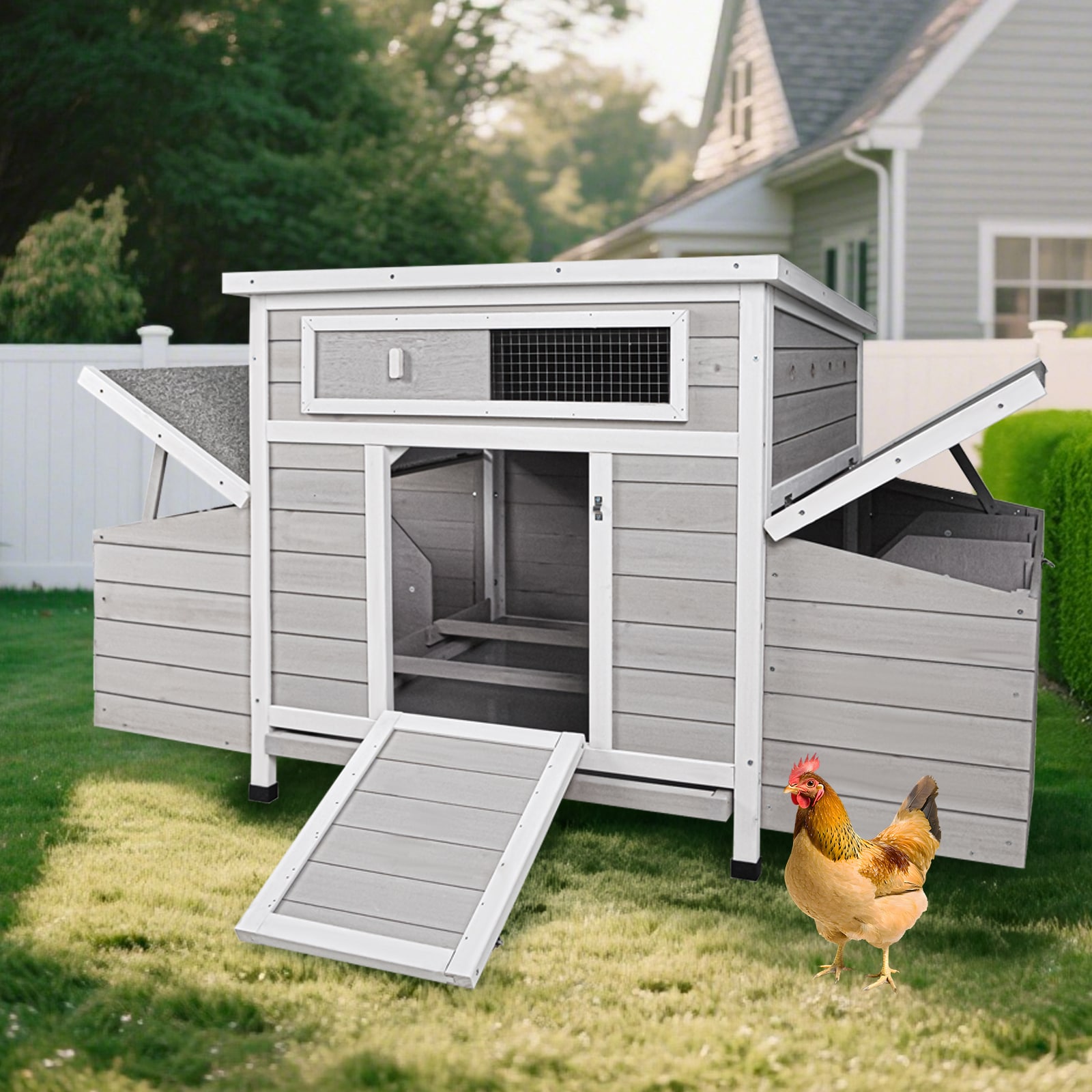 LOVMOR SFRW2326P327243 Large Wooden Chicken Coop Outdoor Hen House Poultry Cage for Outdoor with 2 Sides Nesting Boxes