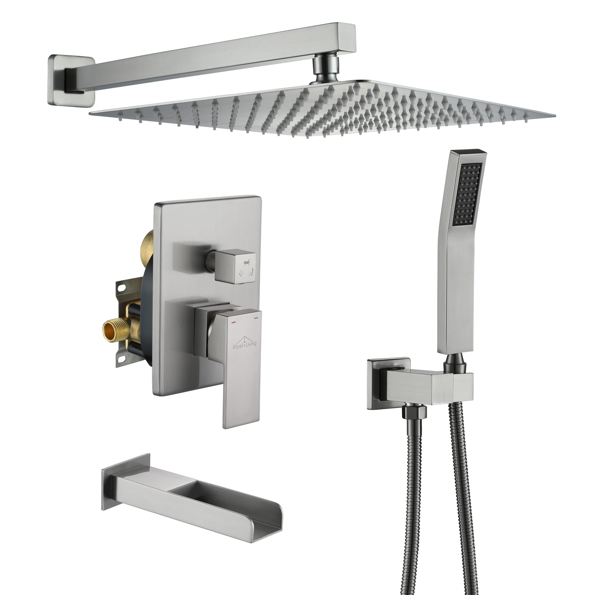 Clihome MS-A3807-12BN Brushed Nickel 12-in Dual Head Built-In Shower Faucet System with 3-way Diverter ( Pressure-balanced Valve Included )