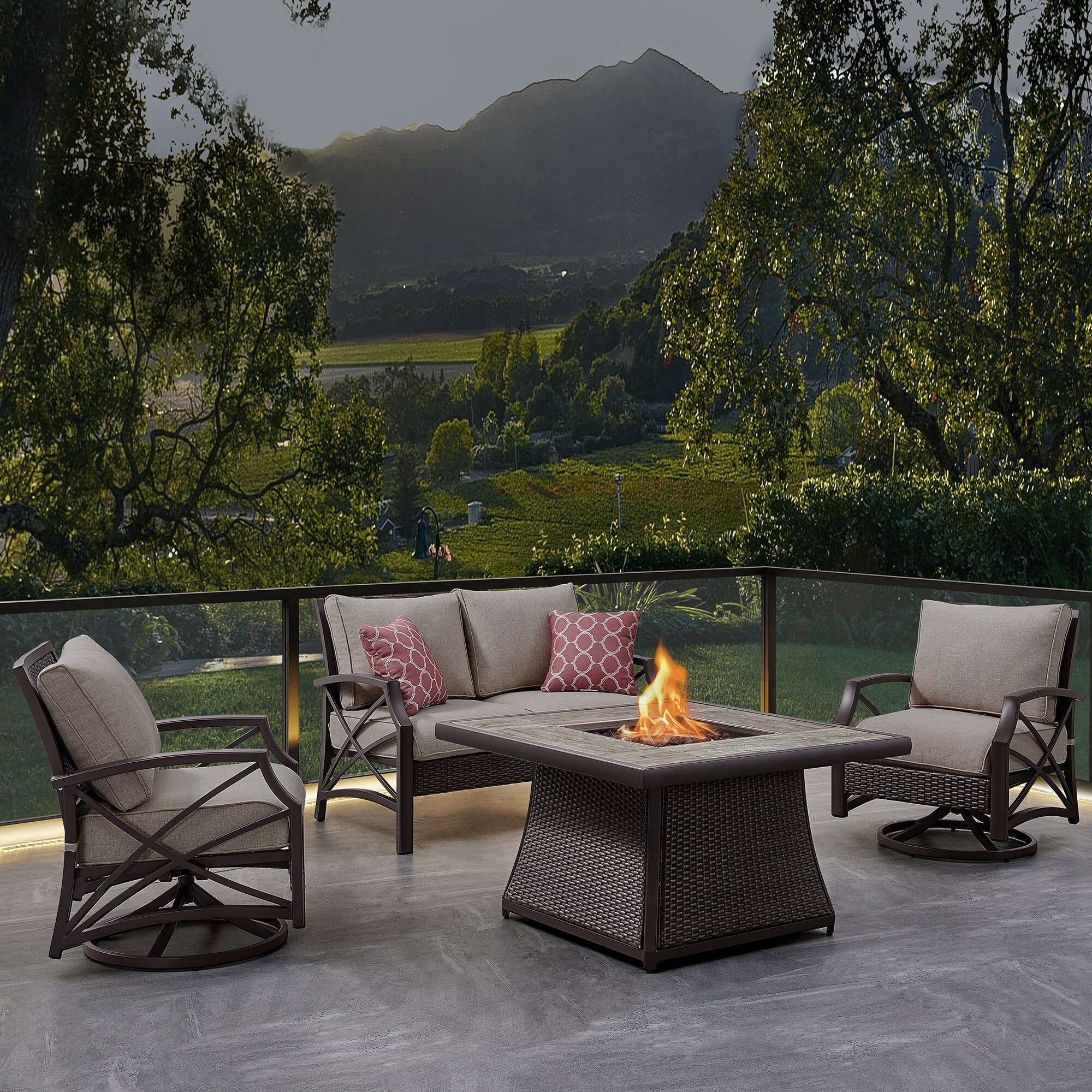 Patio furniture with fire pit. summer outdoor decor trends