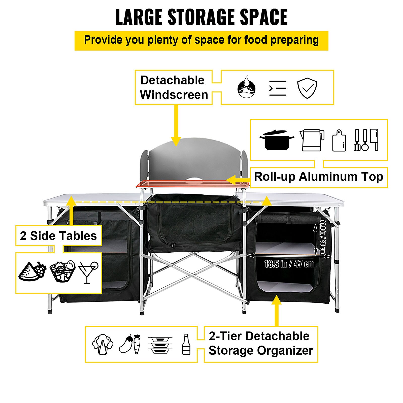 VEVOR Aluminum Portable Camping Kitchen Detachable Windscreen Storage Organizer