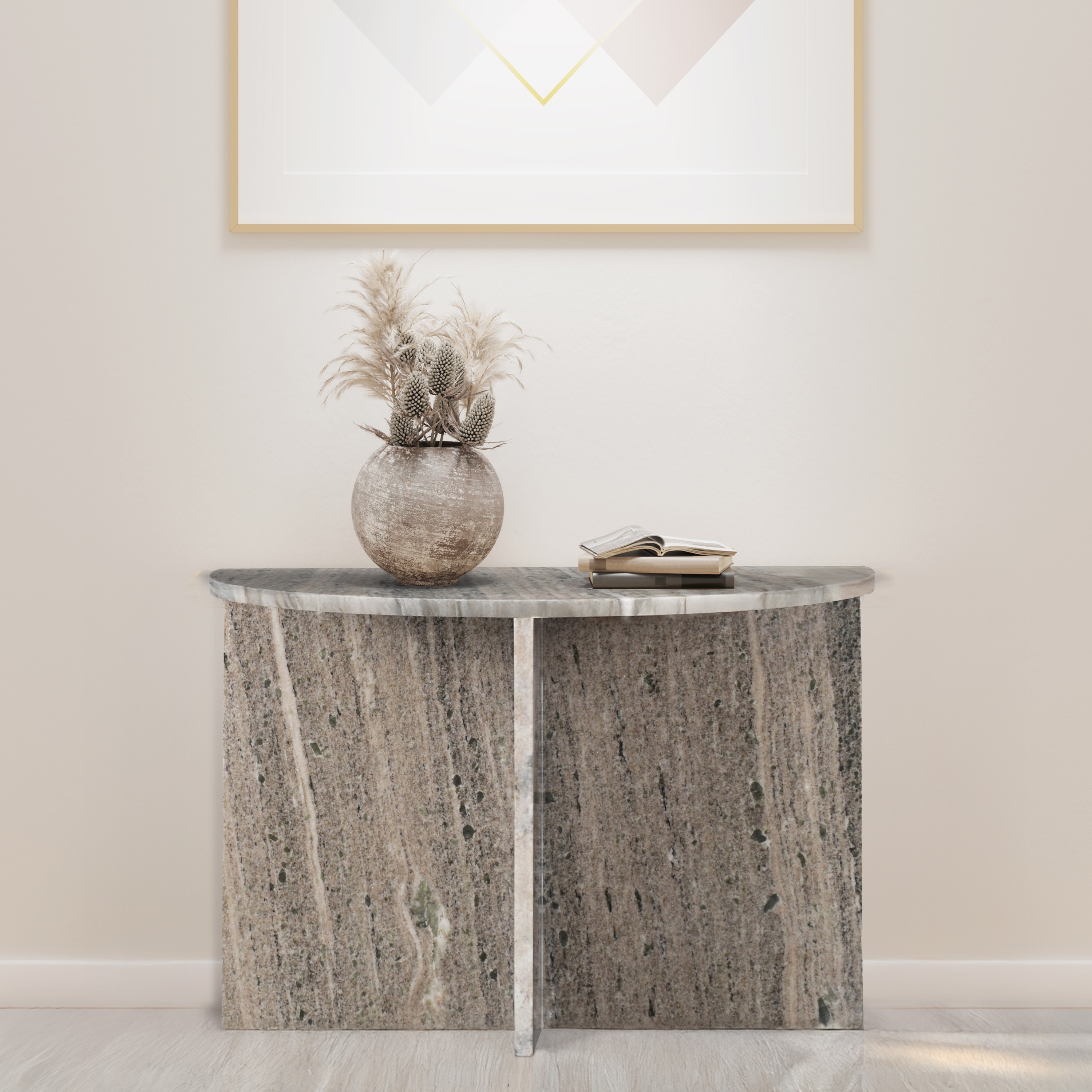 JONATHAN  Y MTB1109B Patrice Demilune Art Deco Minimalist Handmade Natural Stone 24-in W x 20-in H Gray/Beige Granite/Marble Half-round Casual End Table
