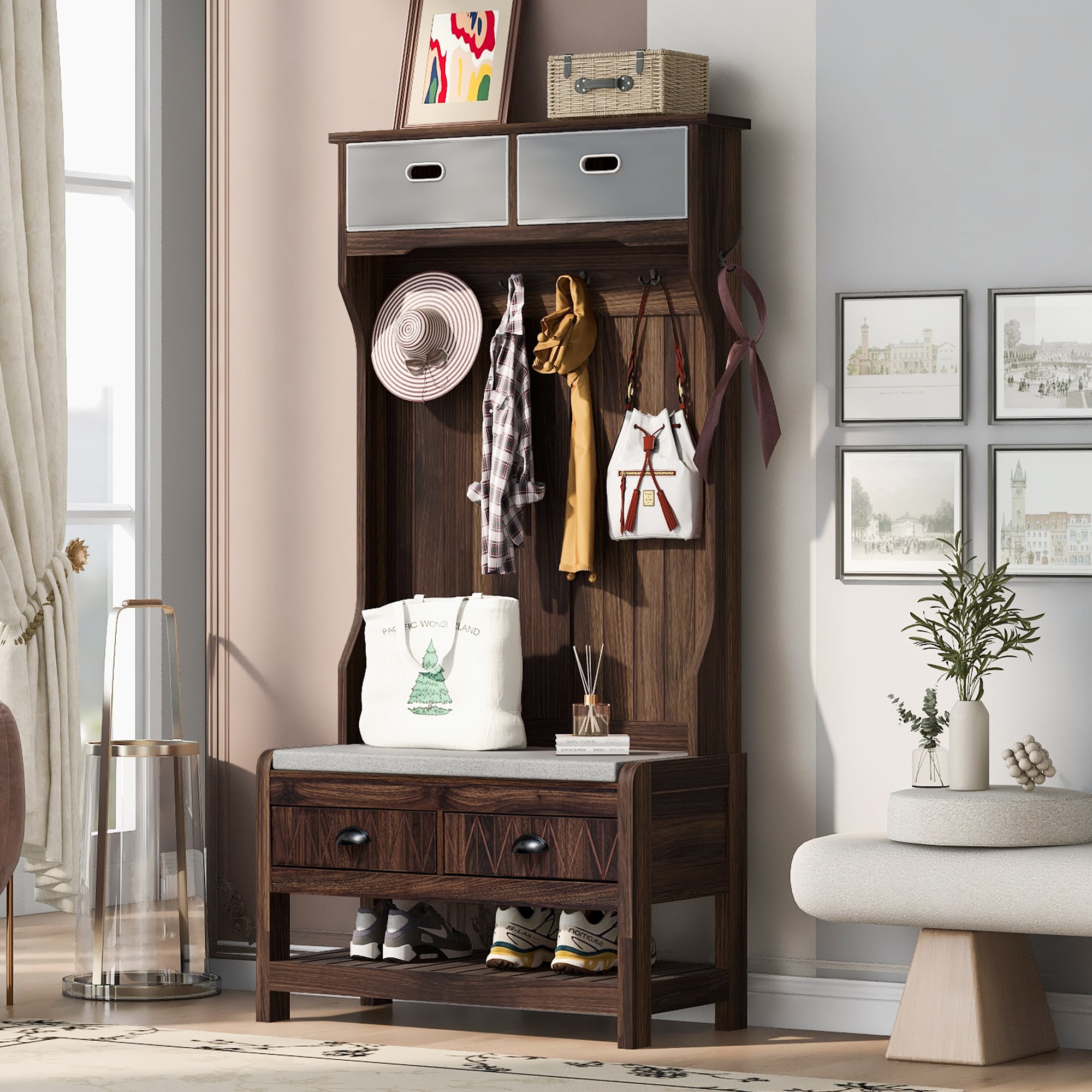 JANSNO HT-CR-72 Rustic 33.5 Brown Wood Hall Tree