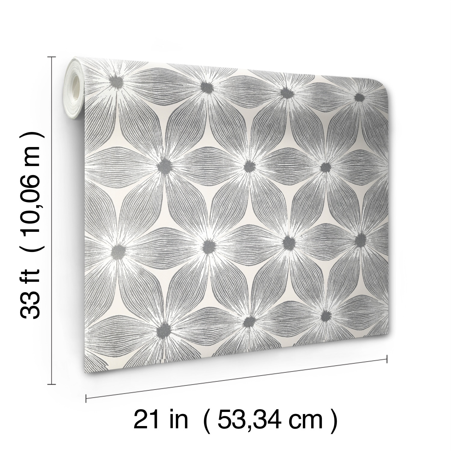 White and Silver Vinyl-Coated Floral Wallpaper