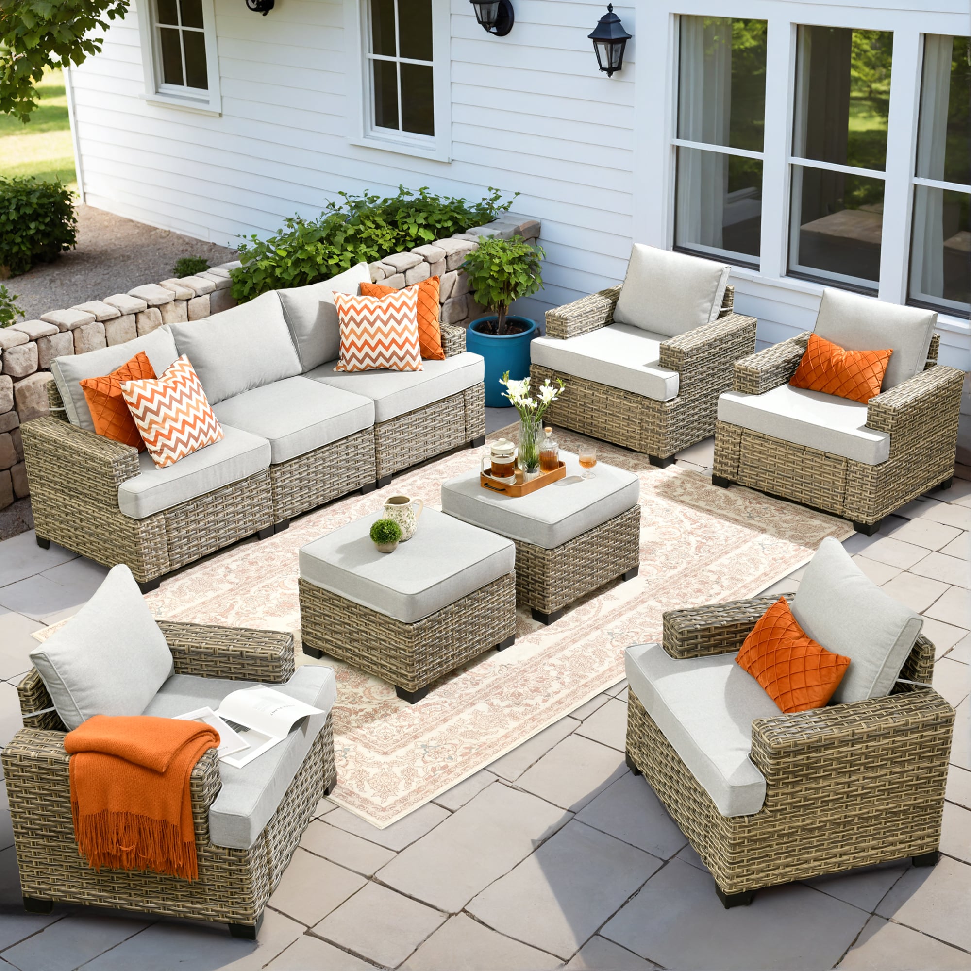 XIZZI XITBS4074 Agate 7 -Piece Rattan Patio Sofa Conversation Set with Light Gray Cushions