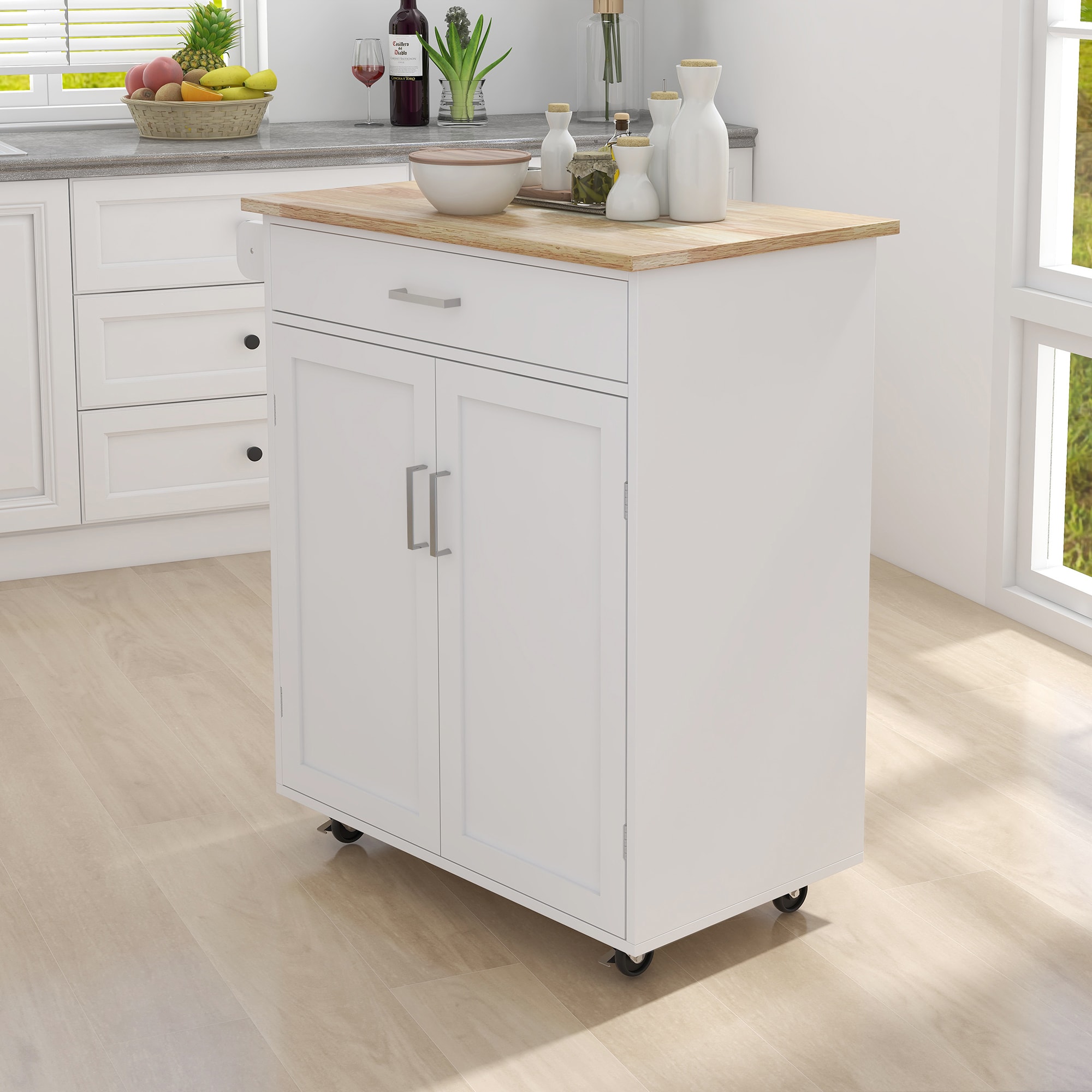 Clihome White Composite Base with Wood Top Rolling Kitchen Island (17.72-in x 32.87-in x 36.02-in)