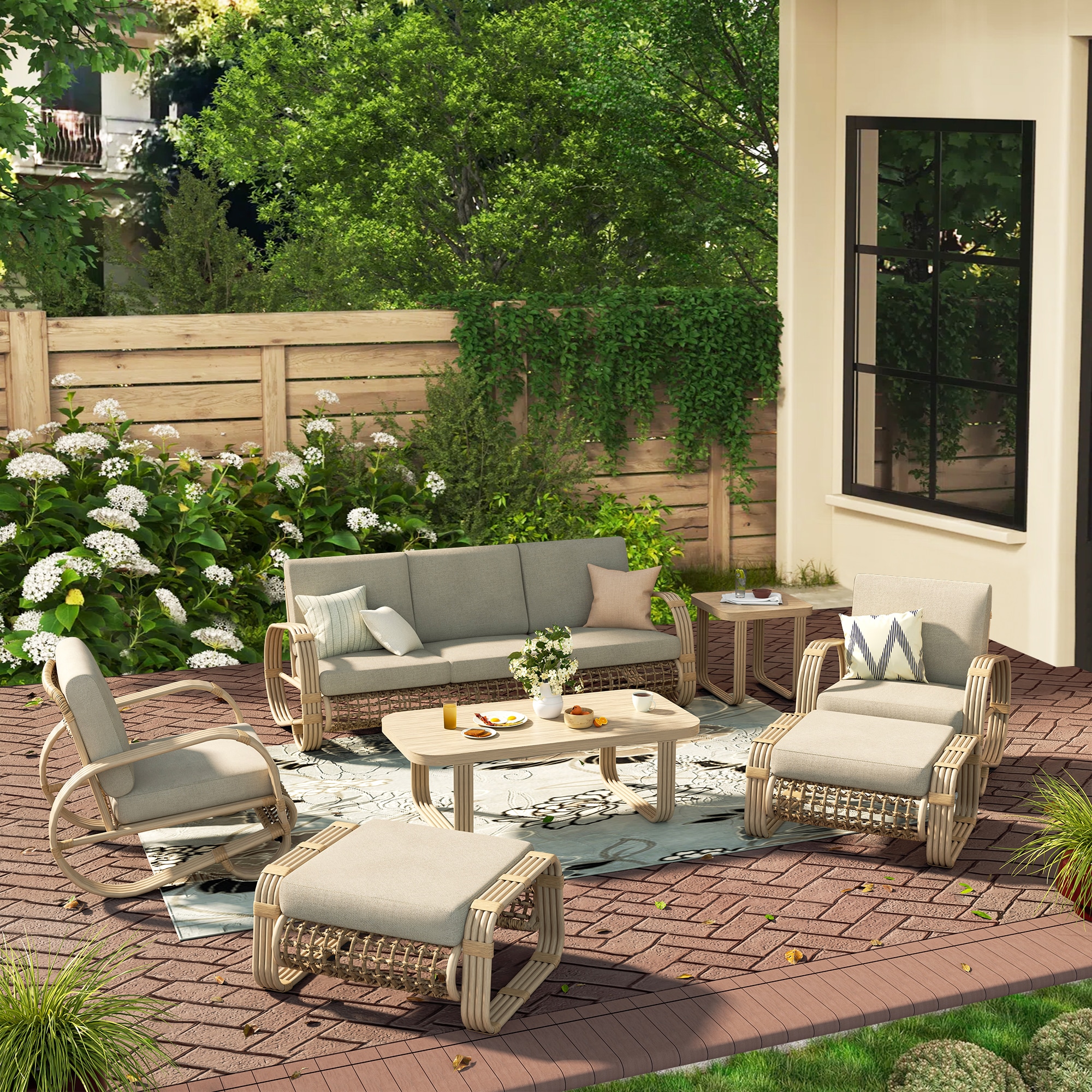PEAK HOME FURNISHINGS 970418-36-37-38-49X2 Patio Conversation Seating Group Woven Outdoor Sofa with Beige Cushions and Aluminum Frame