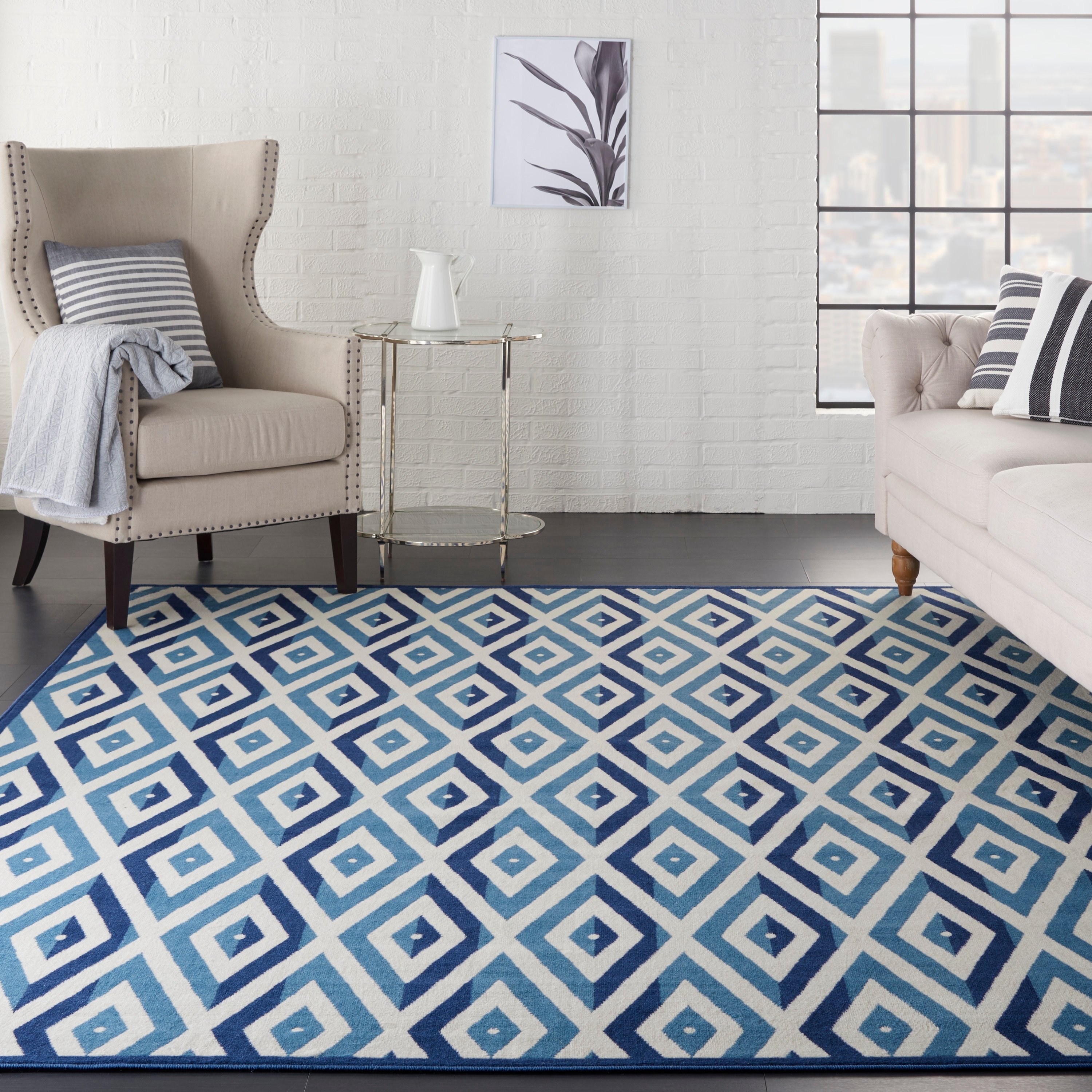 Nourison 99446411822 Grafix 8 x 10 (ft) Loomed Polypropylene White Blue Rectangular Indoor Abstract Area rug