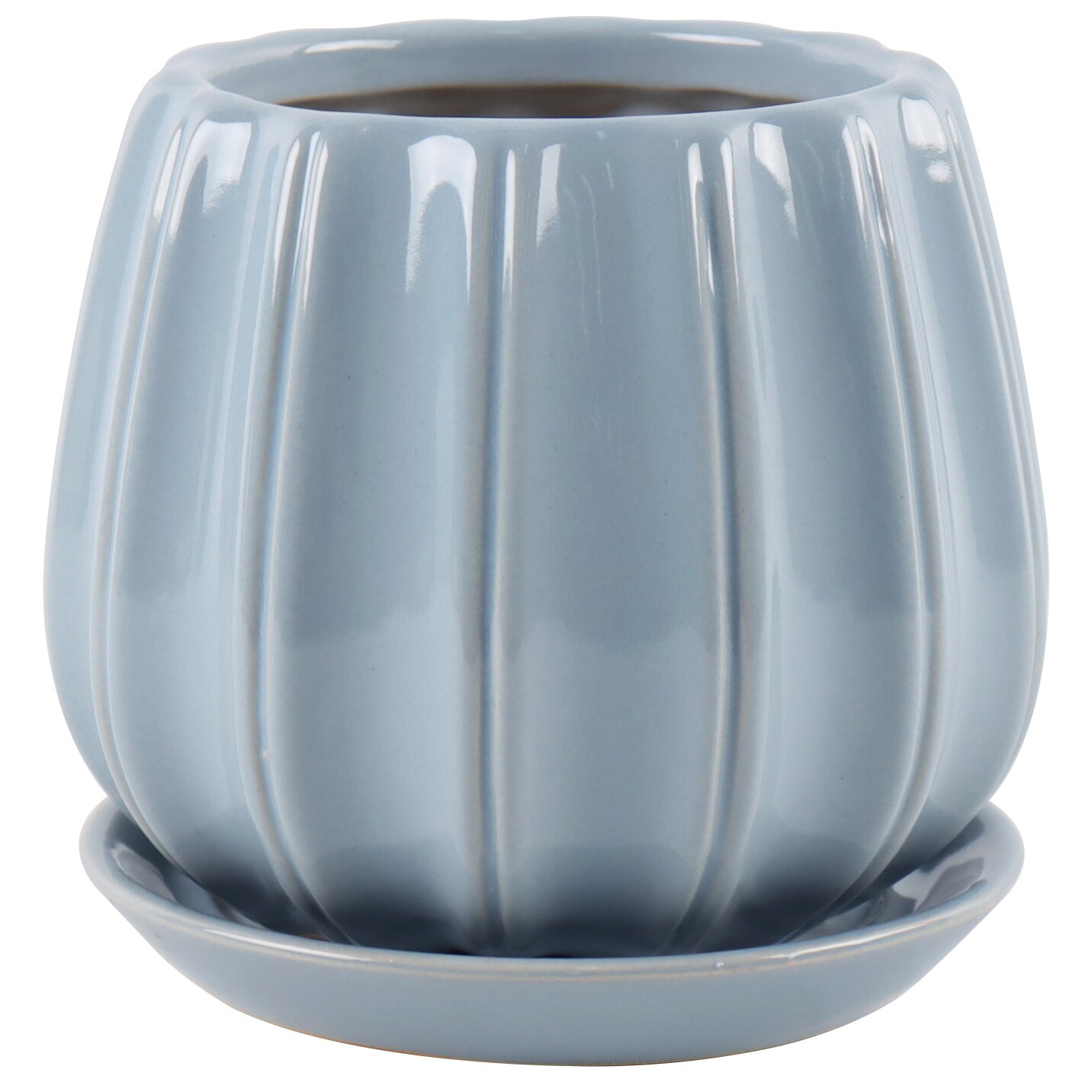 Trendspot LECR01137S-08M2 Round 7.99-in W Small Blue Ceramic Indoor/Outdoor Planter with Drainage Holes Attached Saucer